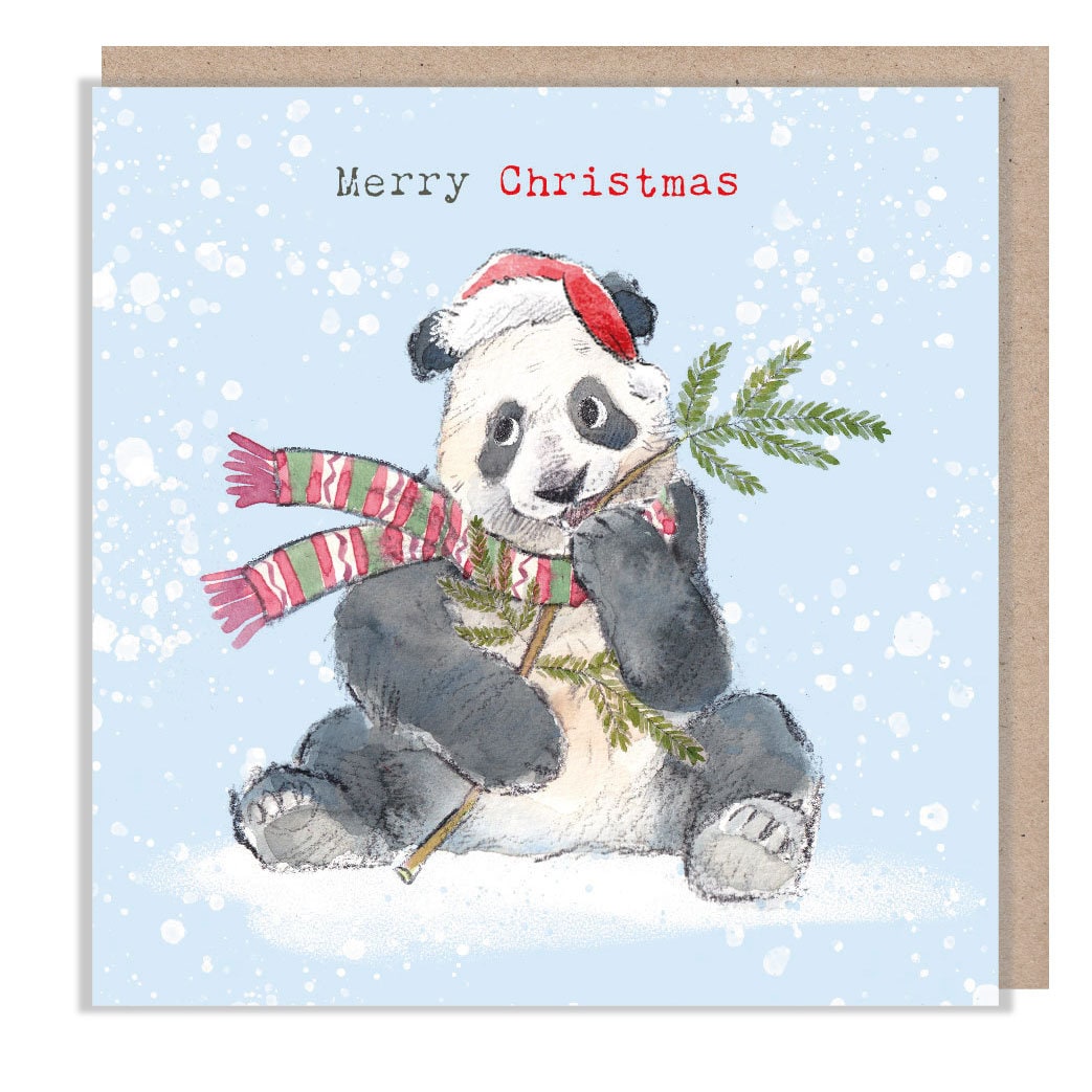 Christmas Card - Panda Sitting, Eating Branch - Wearing Hat & Scarf. Merry Christmas