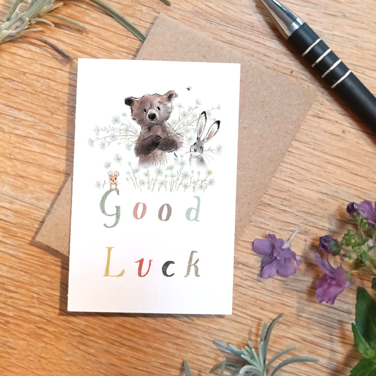 Sentiment Card - Good Luck - Bear, Hare, Mouse and Flowers