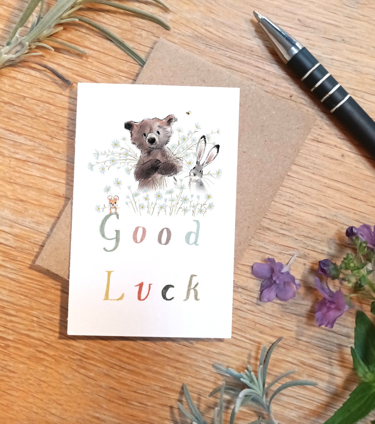 Sentiment Card - Good Luck - Bear, Hare, Mouse and Flowers