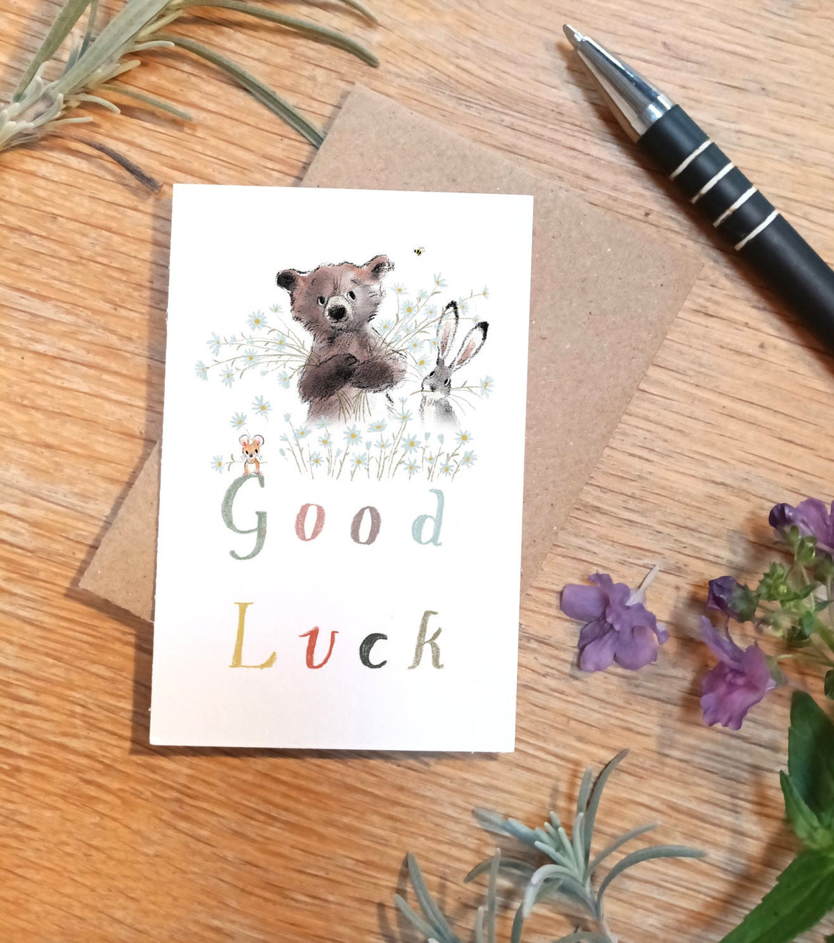 Sentiment Card - Good Luck - Bear, Hare, Mouse and Flowers