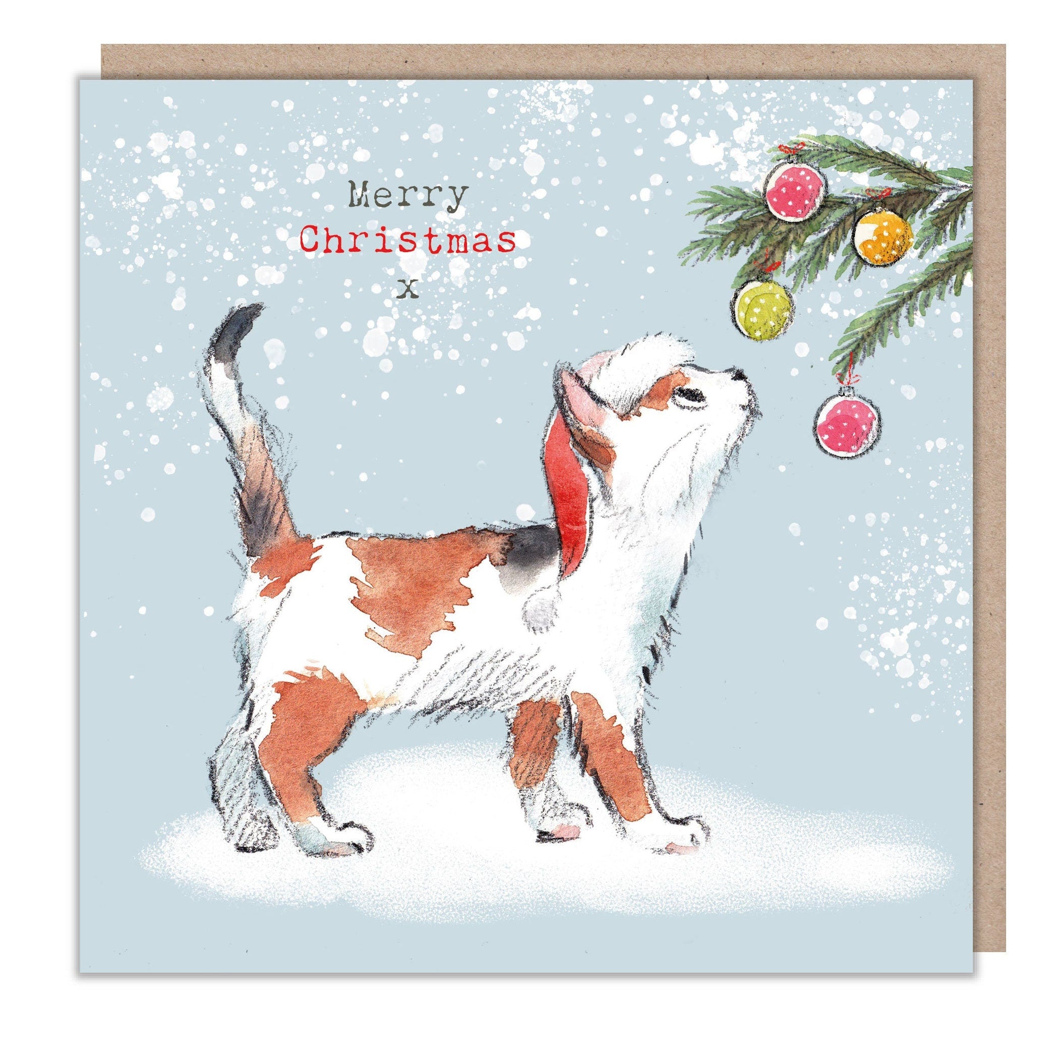 Christmas Card - Merry Christmas - Kitten Looking at Christmas Baubles.