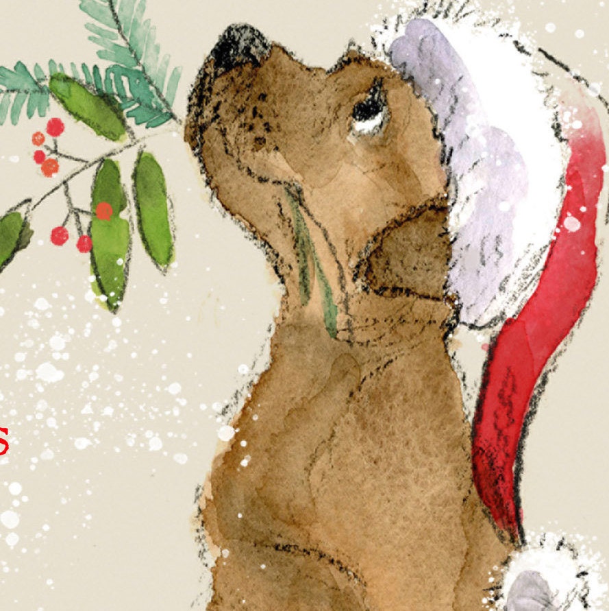 Christmas Card - Merry Christmas - Brown Labrador Puppy Looking Up with Christmas Foliage in It's Mouth.