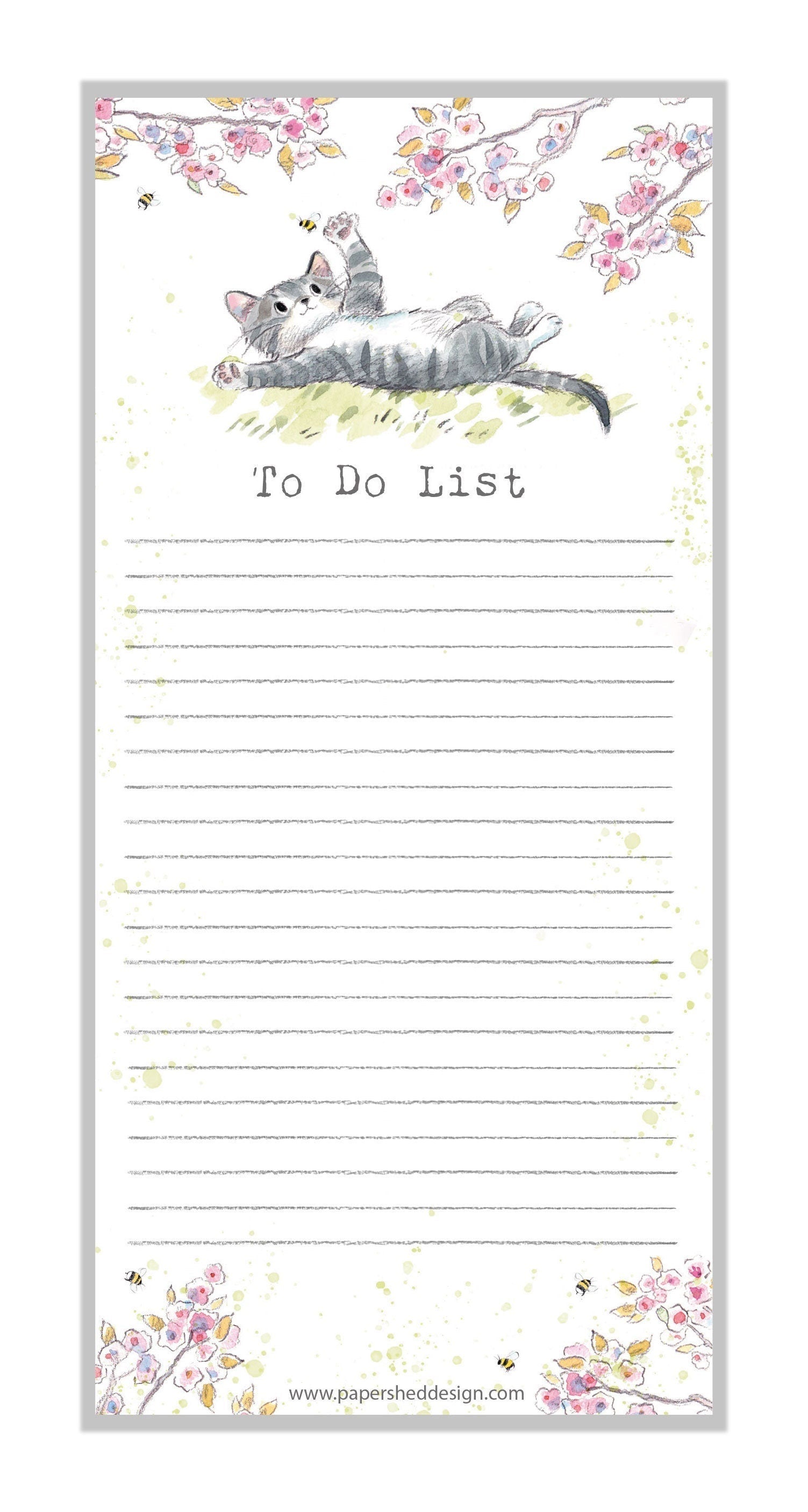 To Do List Pad - Grey Cat and Bees Under Blossom Tree
