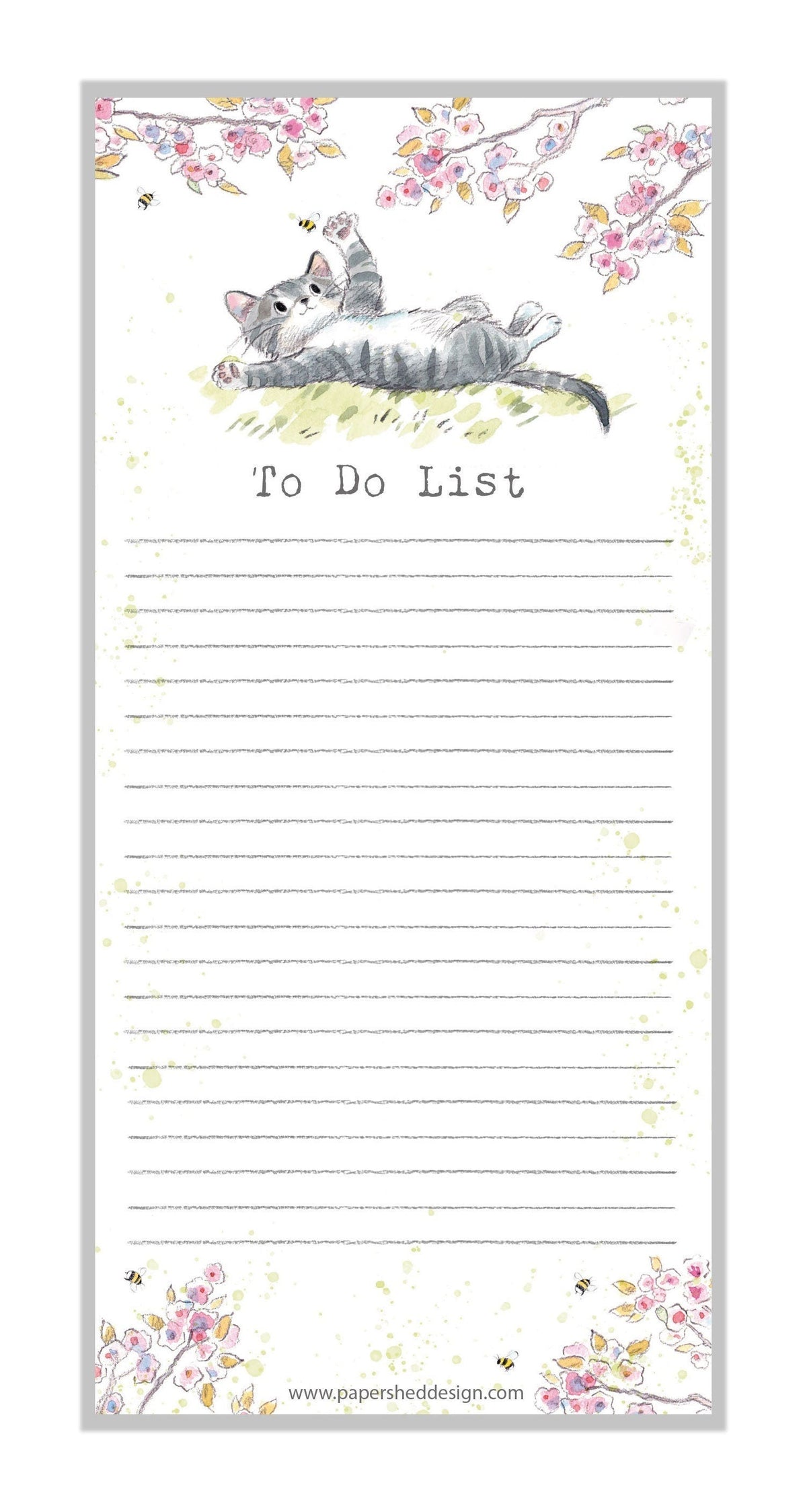 To Do List Pad - Grey Cat and Bees Under Blossom Tree