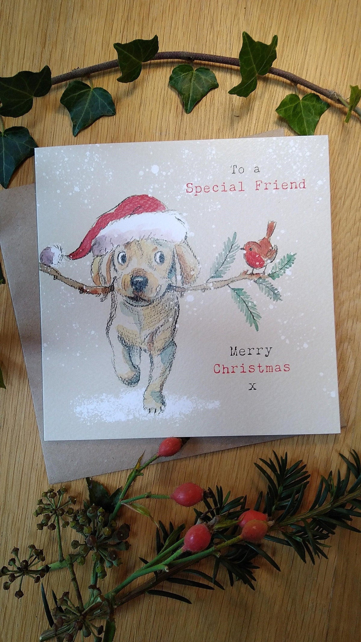 Christmas Card - to a Special Friend - Golden Labrador/Retriever Carrying Stick with Robin.