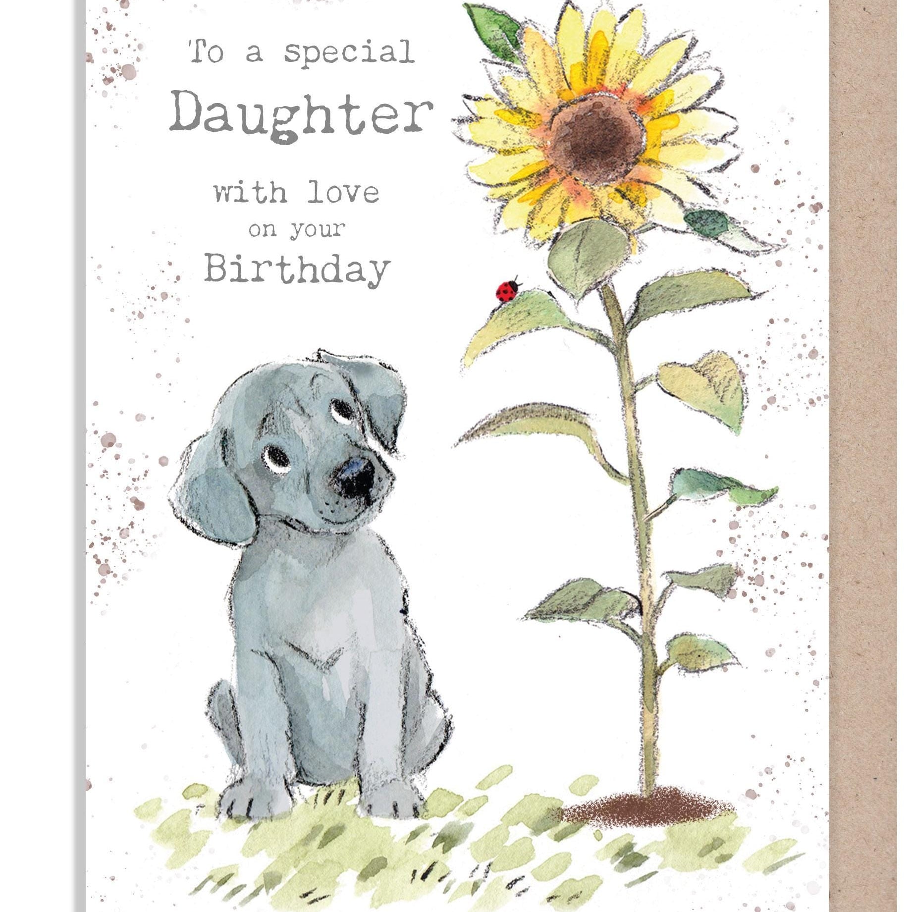 Birthday Card - Special Daughter - Grey Puppy with Sunflower