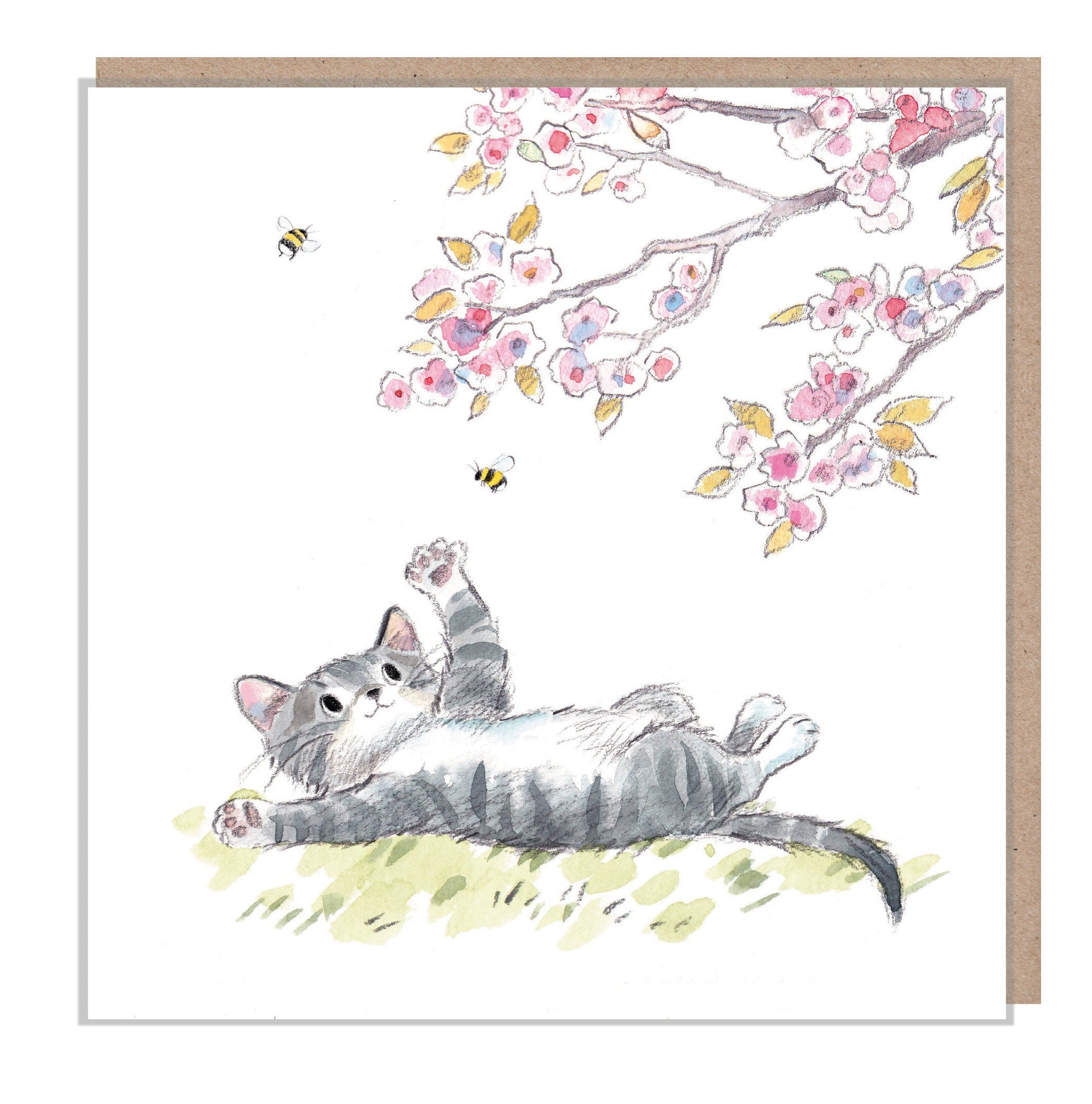 Cute Cat Card - Cat Under Blossom Tree