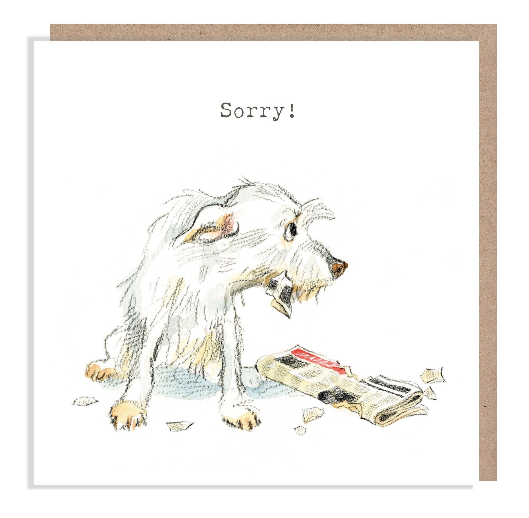 Cute Dog Card - Sorry - White Dog with Newspaper