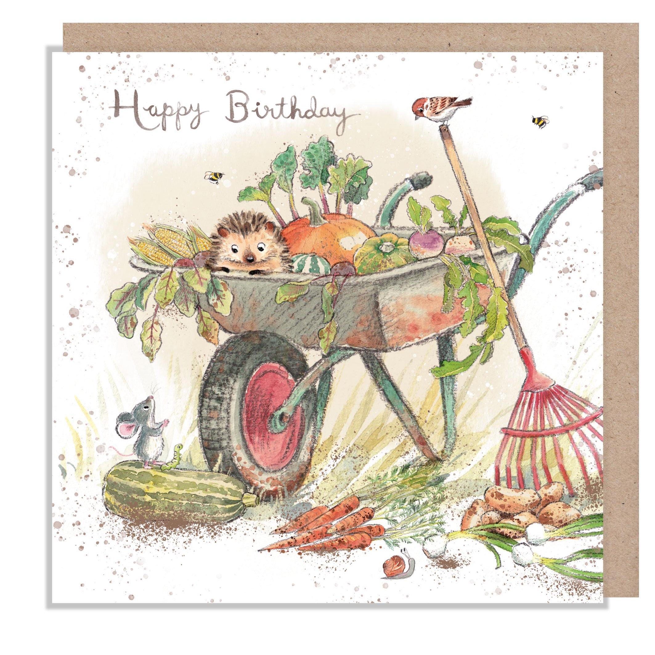 Birthday Card - Blank - Hedgehog and Mouse with Wheelbarrow