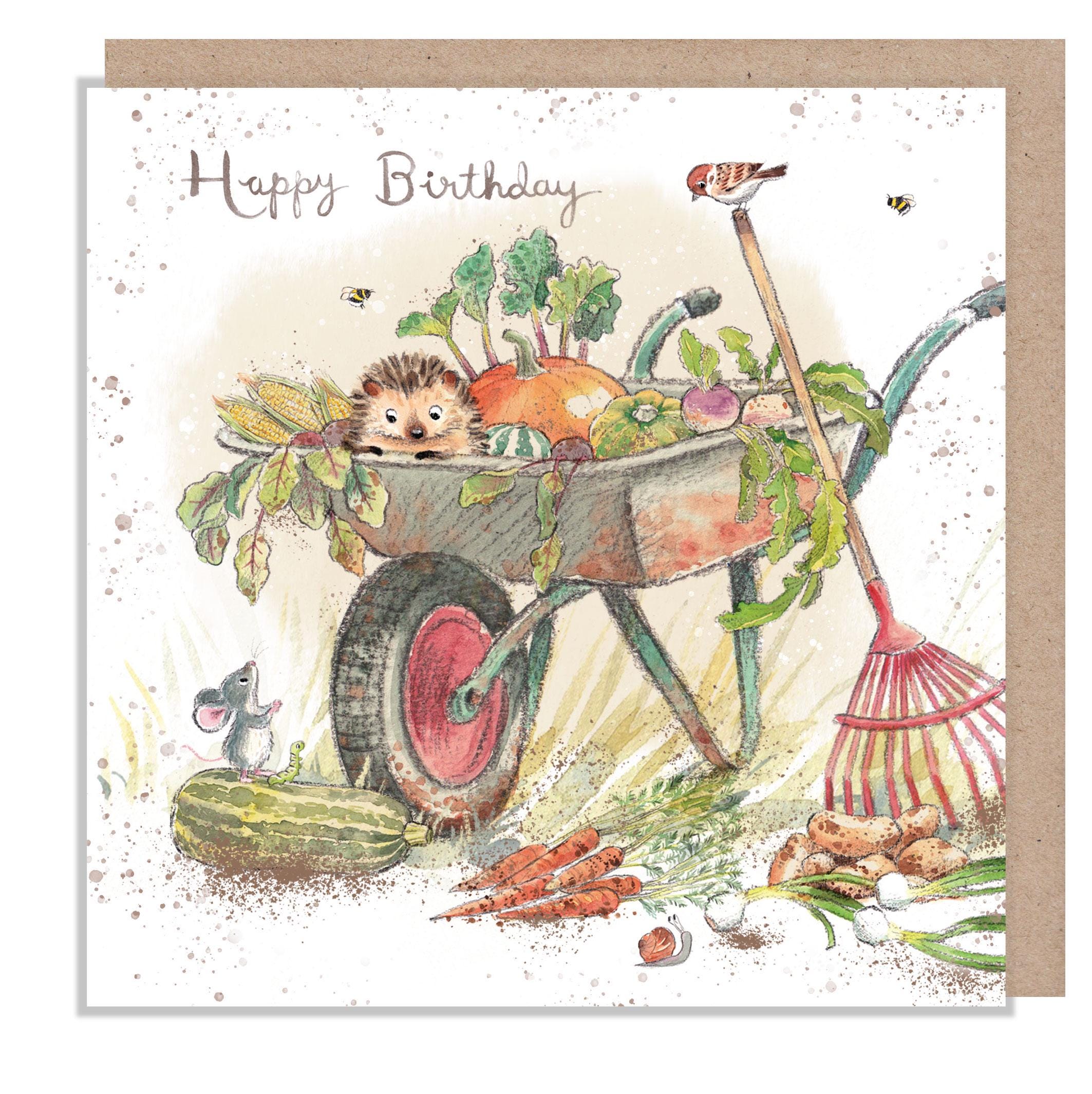 Birthday Card - Blank - Hedgehog and Mouse with Wheelbarrow