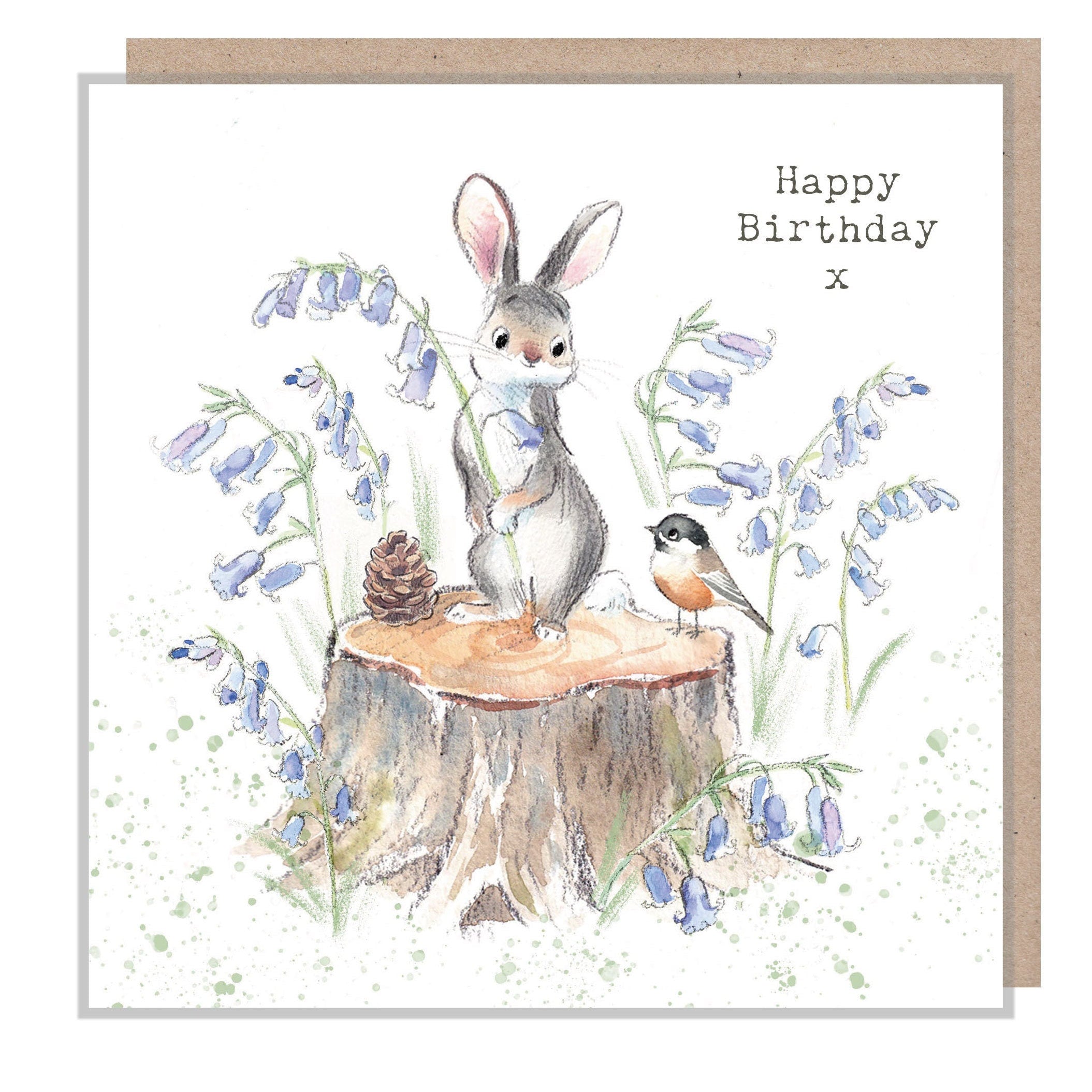 Cute Rabbit Card - Happy Birthday - Standing Rabbit on Log with Bluebells and Bird