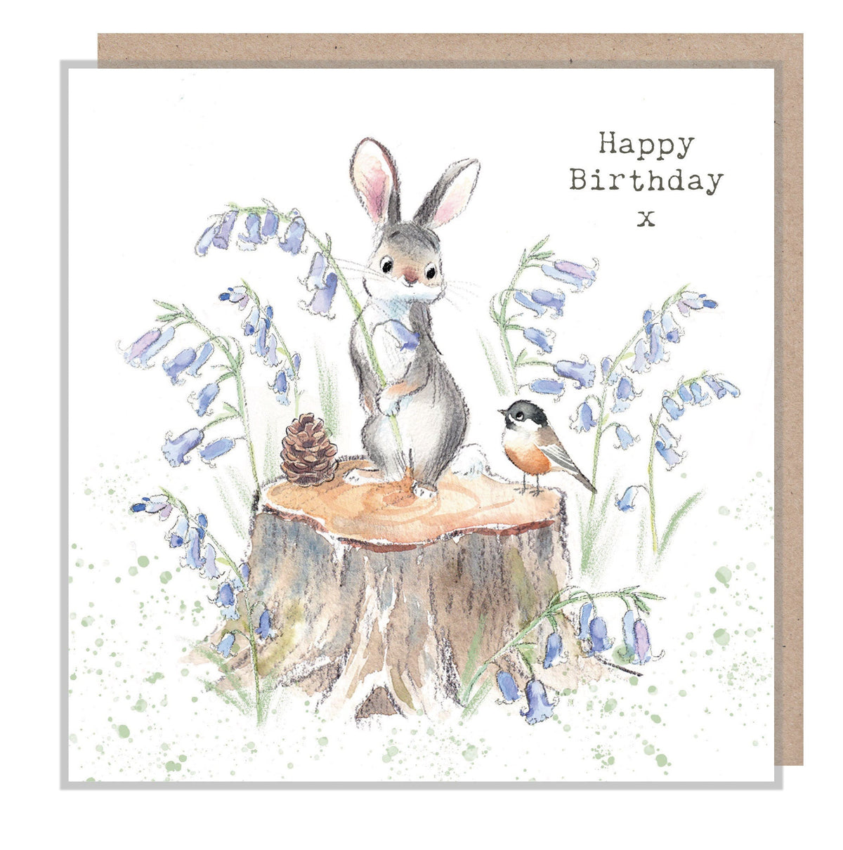 Cute Rabbit Card - Happy Birthday - Standing Rabbit on Log with Bluebells and Bird