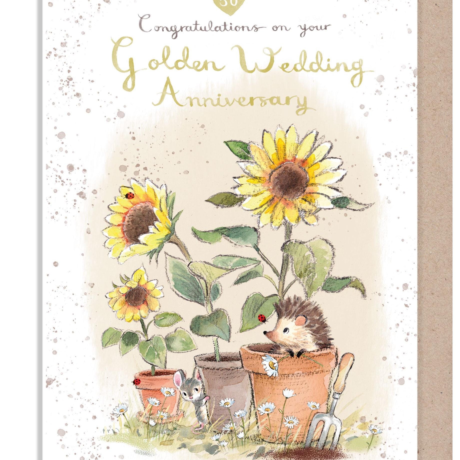 Greeting Card - Golden Wedding Anniversary - Hedgehog and Mouse with Sunflowers