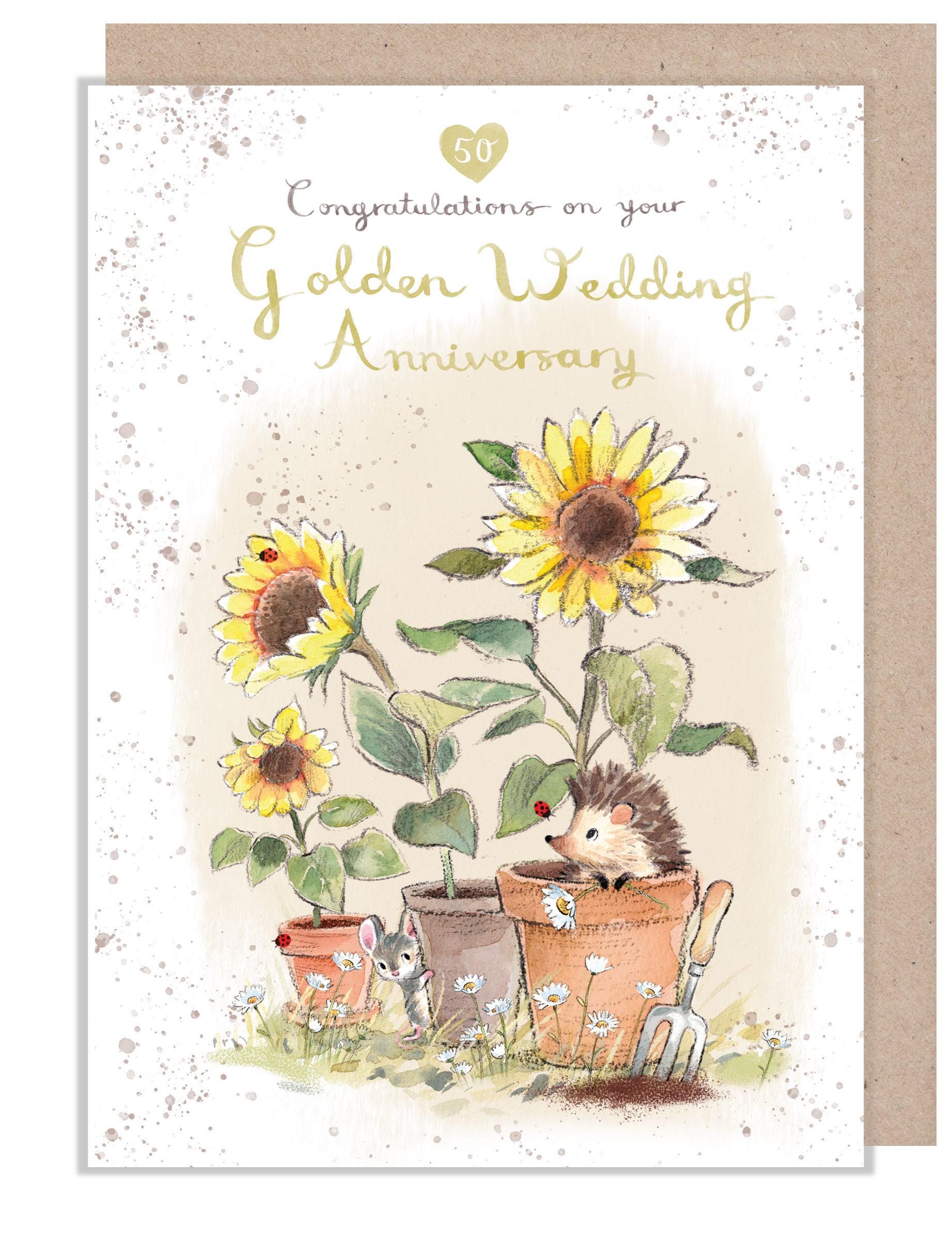 Greeting Card - Golden Wedding Anniversary - Hedgehog and Mouse with Sunflowers
