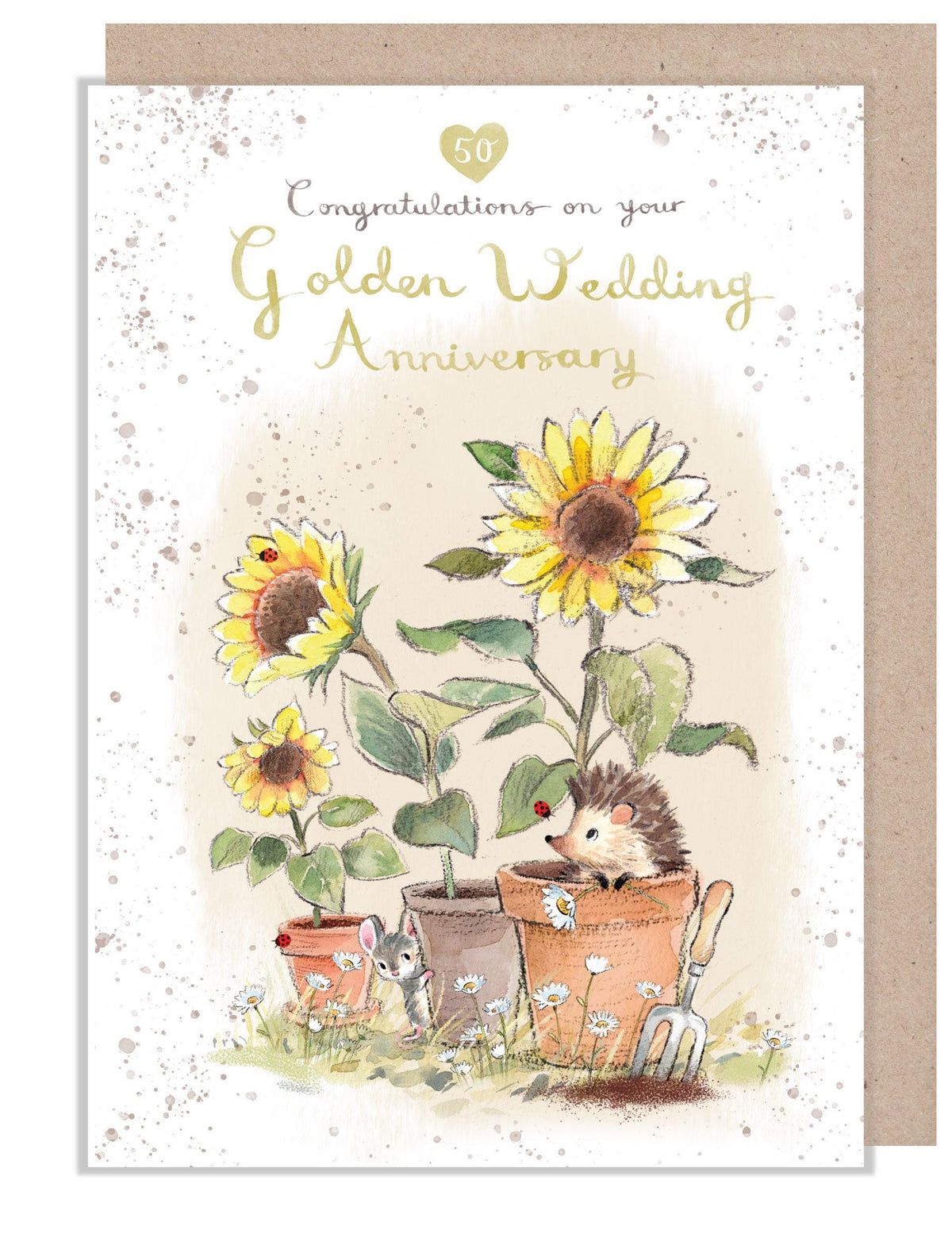 Greeting Card - Golden Wedding Anniversary - Hedgehog and Mouse with Sunflowers