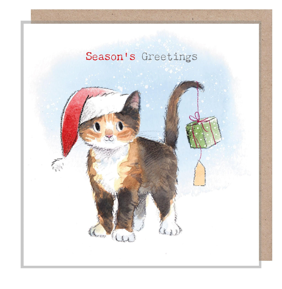 Christmas Card - Kitten with Present Hanging From Tail - Season's Greetings