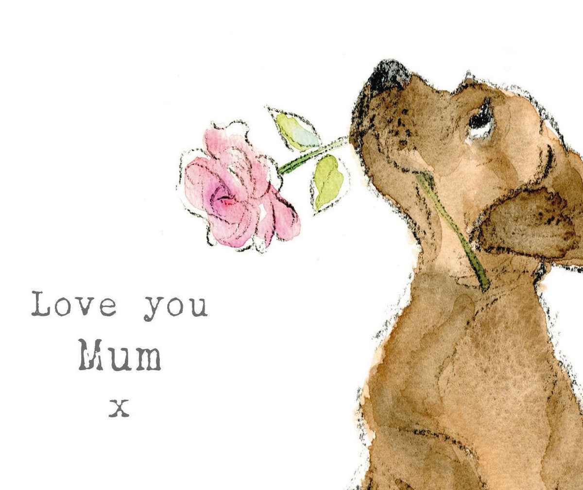 Cute Dog Card - Love You Mum - Chocolate Labrador with Pink Rose