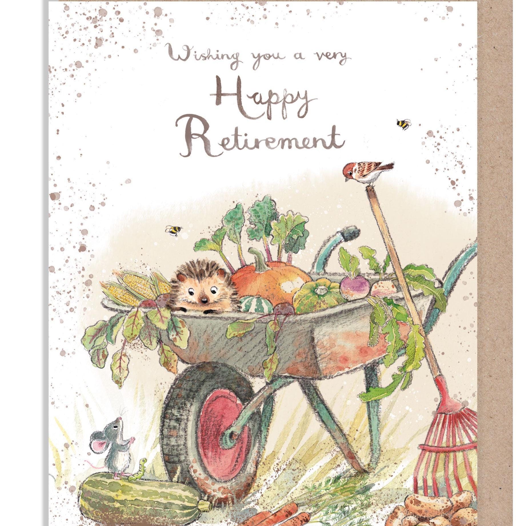 Greeting Card - Happy Retirement - Hedgehog and Mouse with Wheelbarrow
