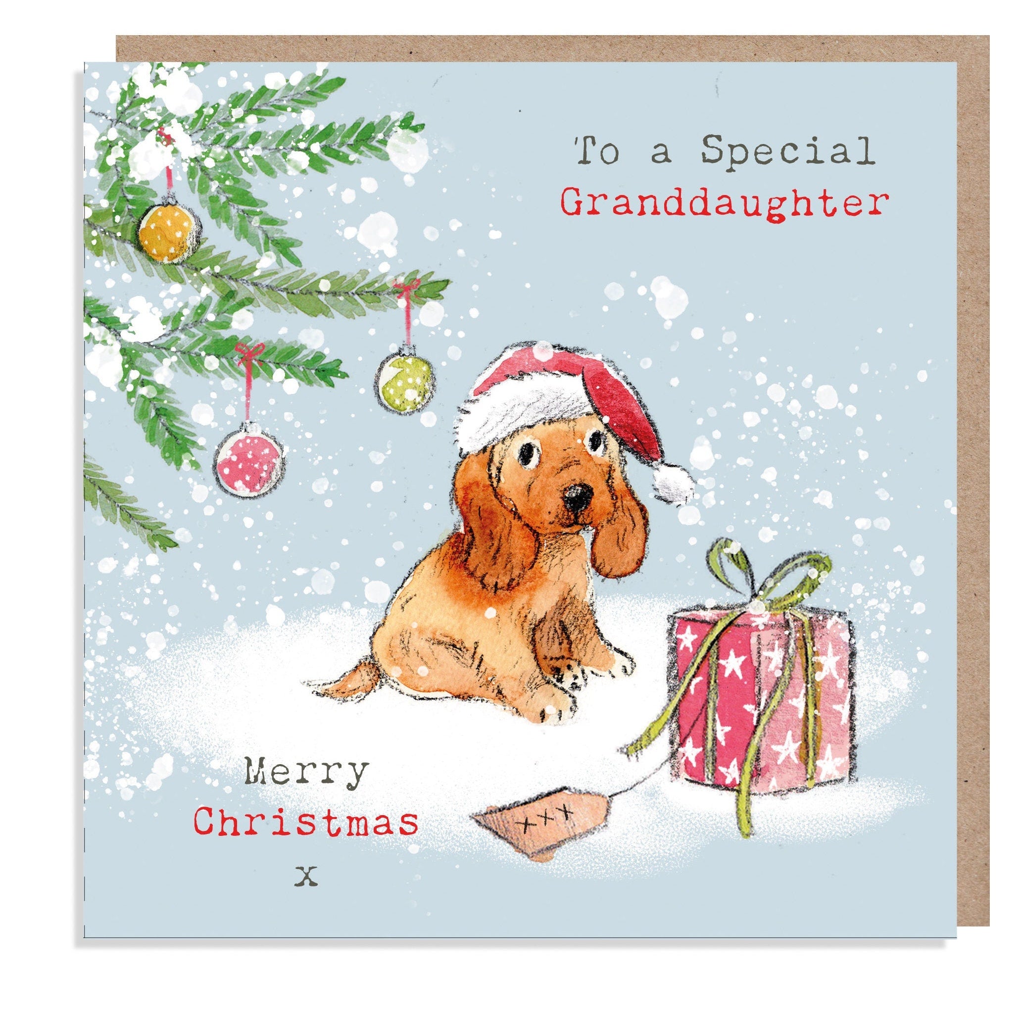Christmas Card - to a Special Granddaughter - Golden Cocker Spaniel with Present Looking at Baubles.