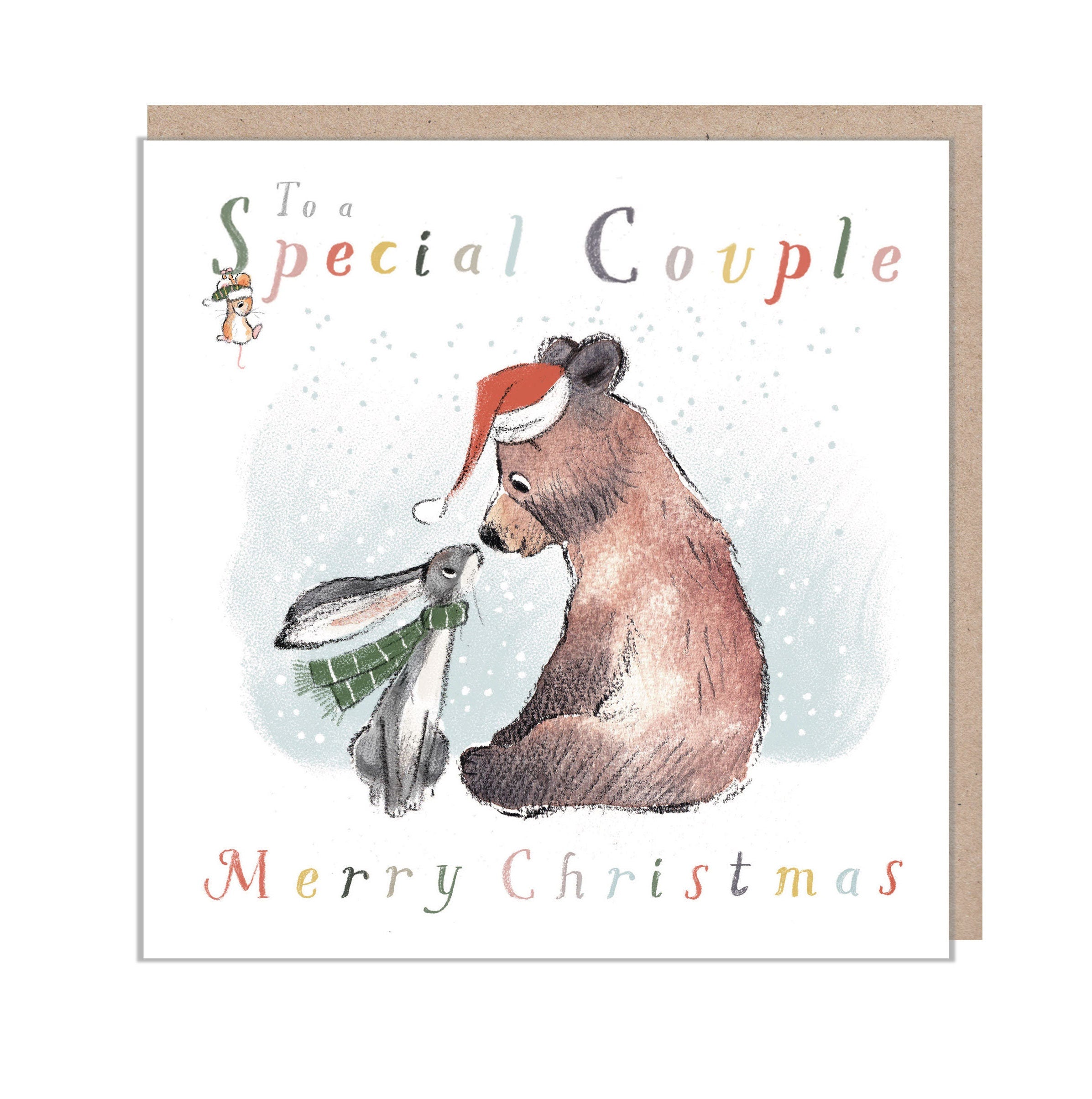 Christmas Card - to a Special Couple - Bear and Hare Touching Noses.