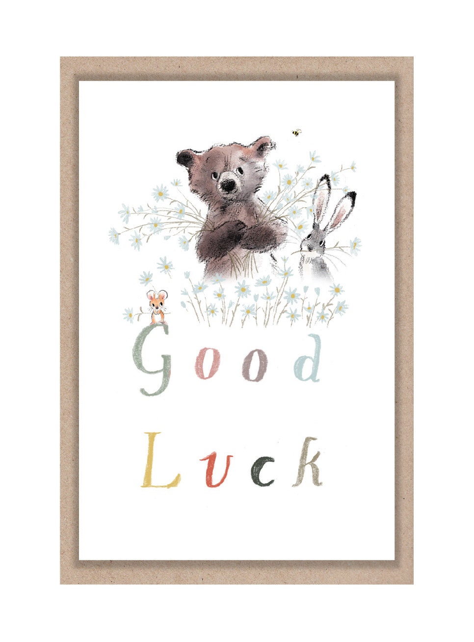Sentiment Card - Good Luck - Bear, Hare, Mouse and Flowers