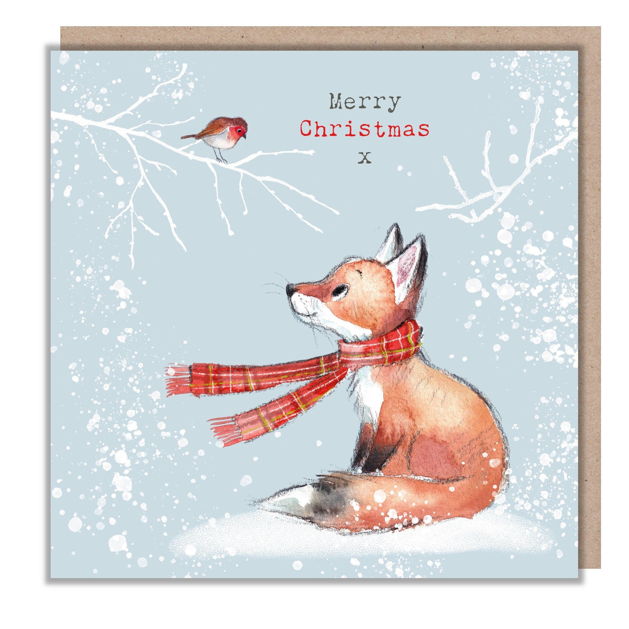 Christmas Card - Merry Christmas - Fox Wearing Scarf Looking at Robin.