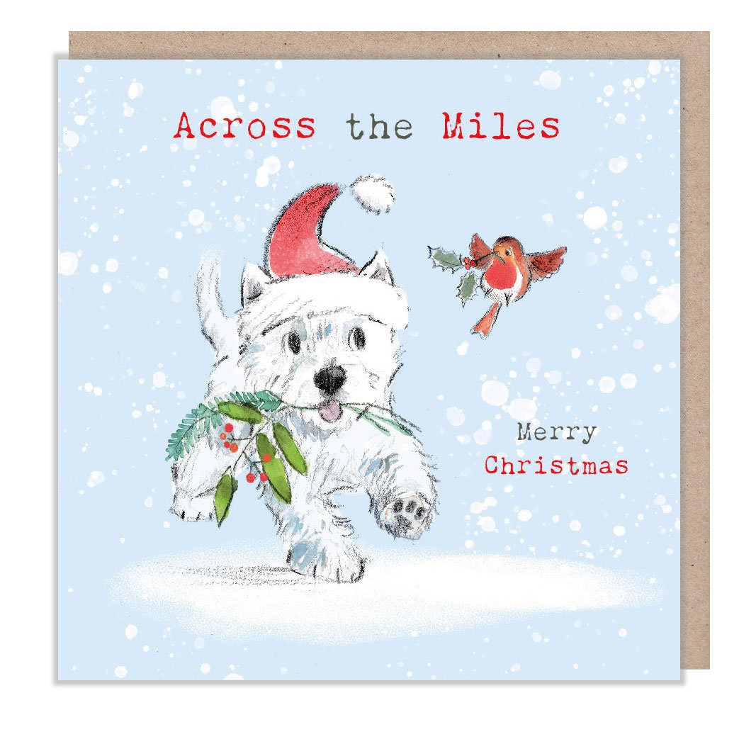 Christmas Card - White Westie Dog, Wearing a Hat - Running with Foliage in It's Mouth - Flying Robin. Across the Miles