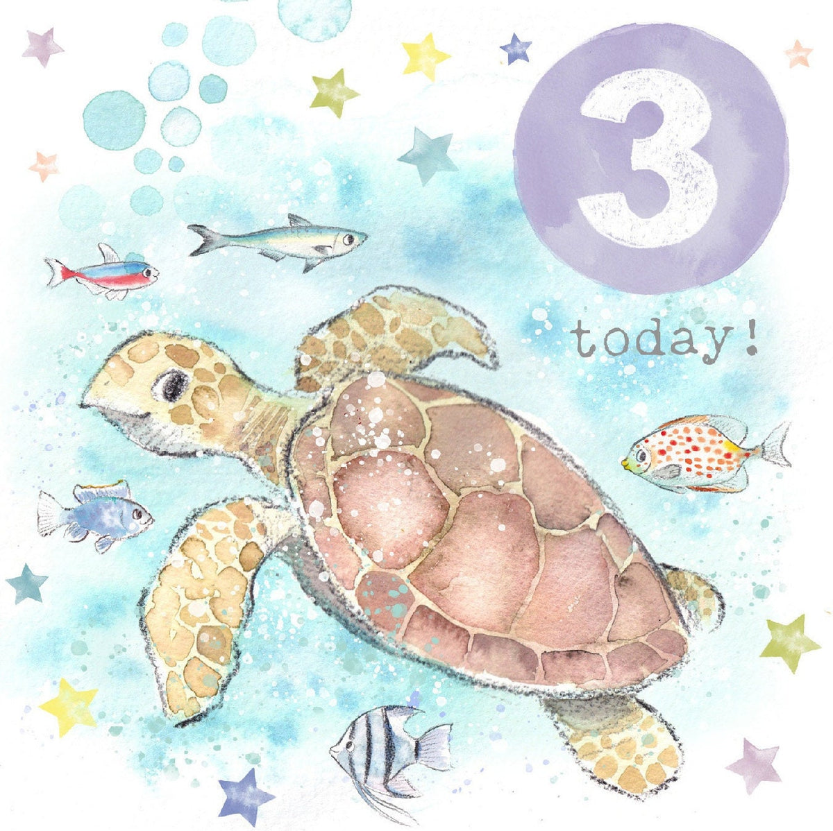 Age 3 Birthday Card - Turtle and Fish