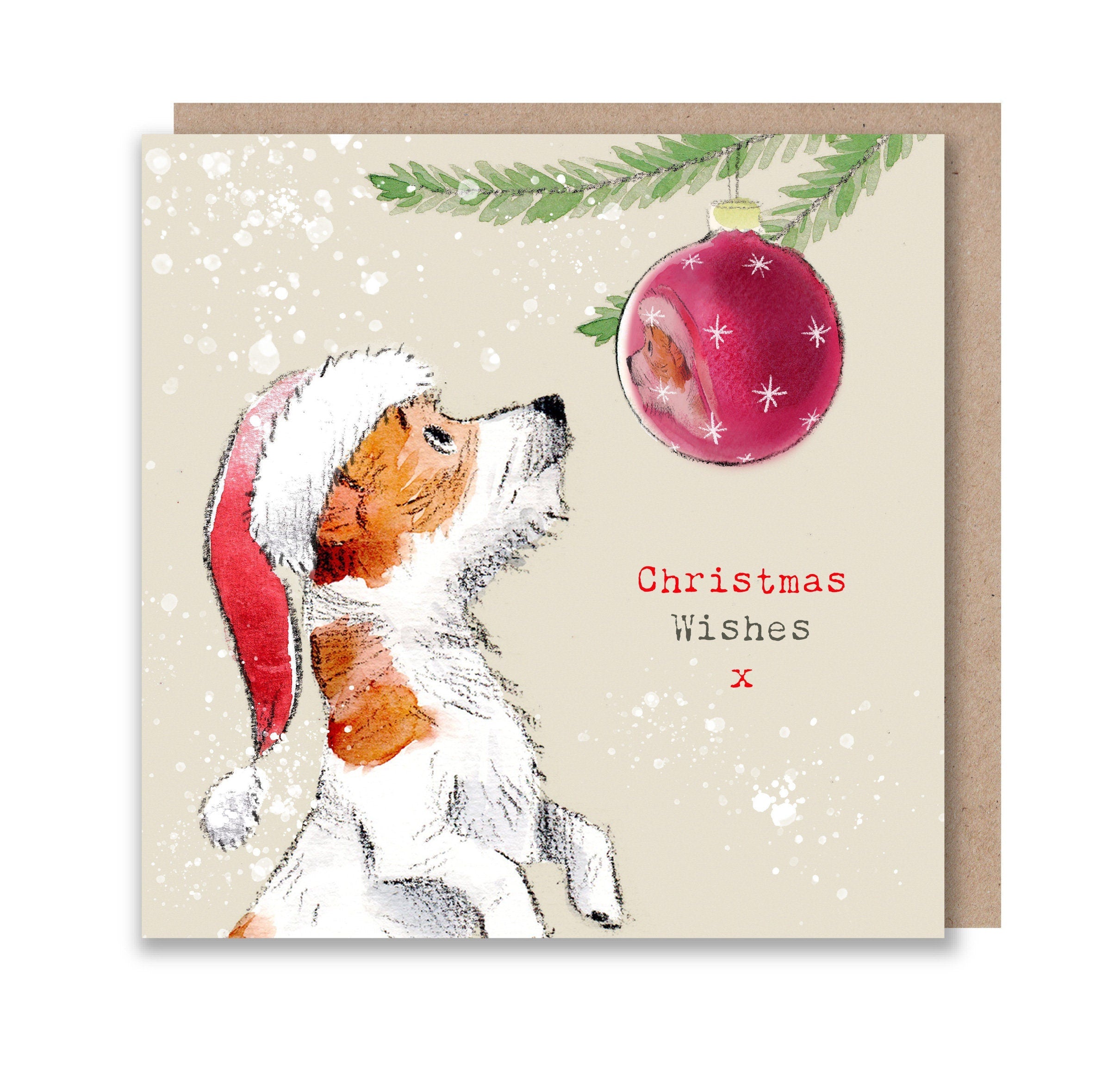 Christmas Card - Christmas Wishes - Jack Russell Puppy Looking at Reflection in Bauble.