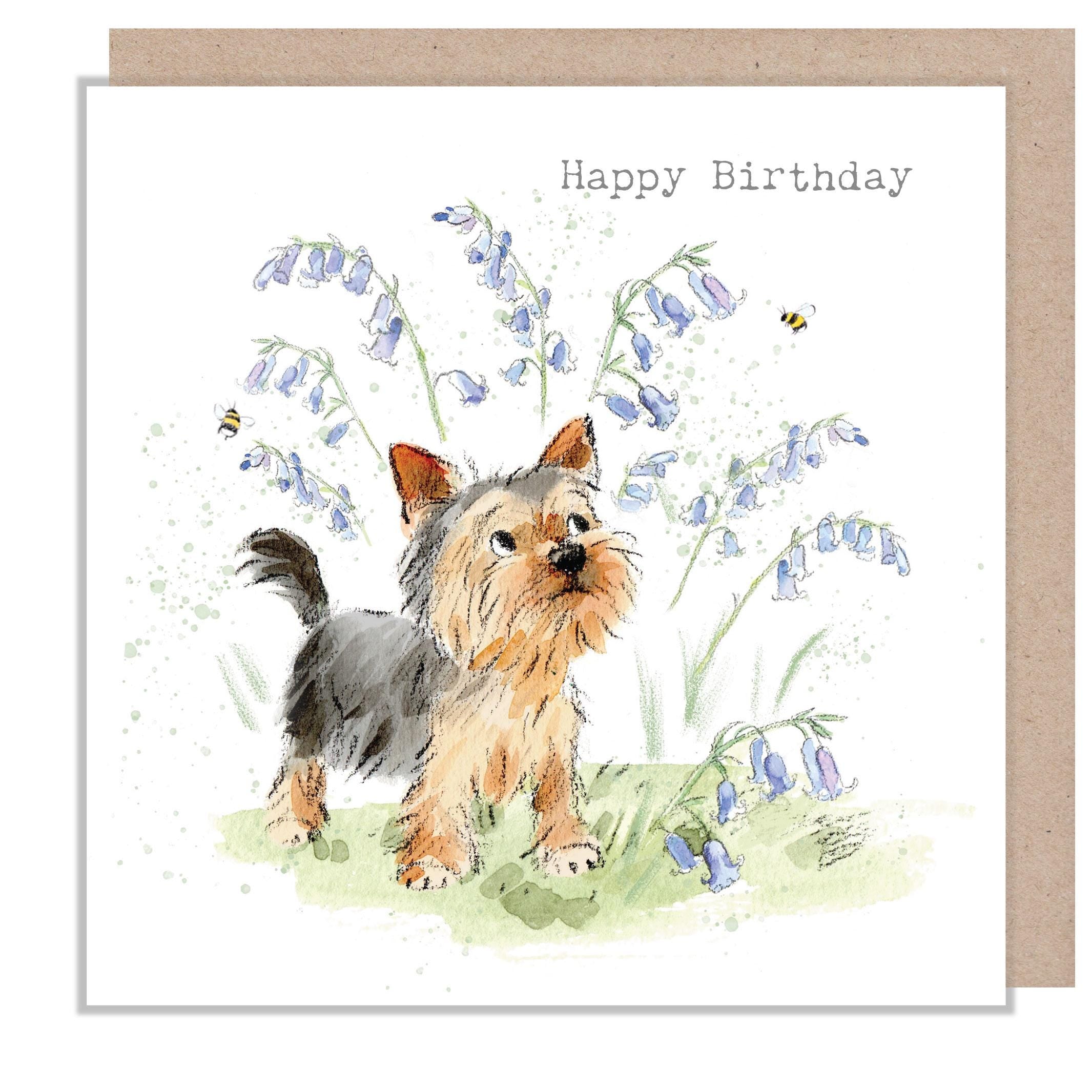 Birthday Card - Happy Birthday - Yorkshire Terrier with Bees and Bluebells