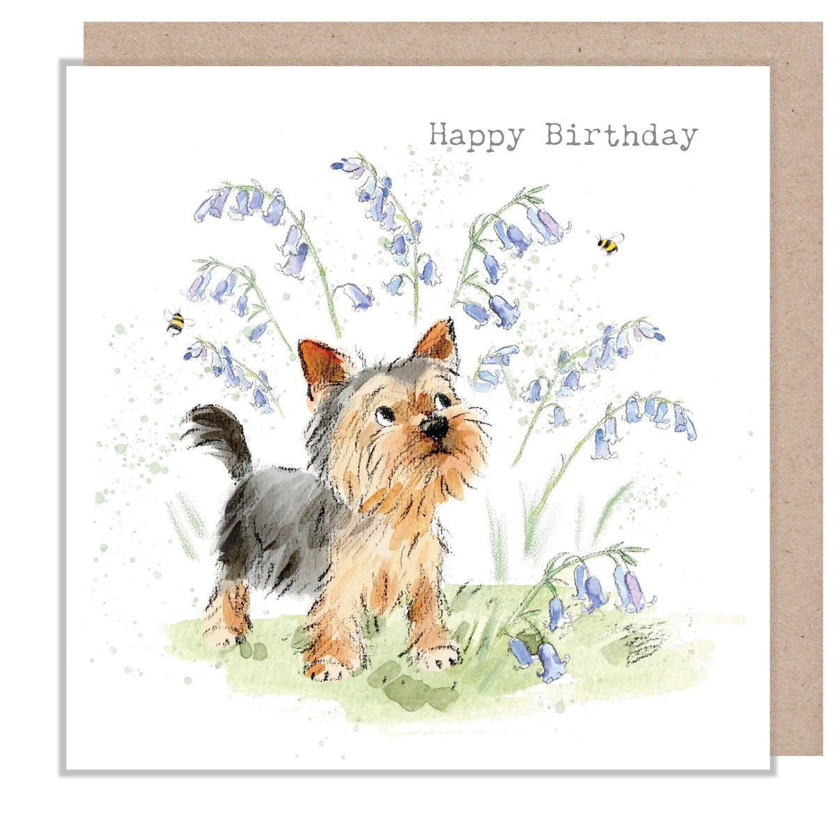 Birthday Card - Happy Birthday - Yorkshire Terrier with Bees and Bluebells