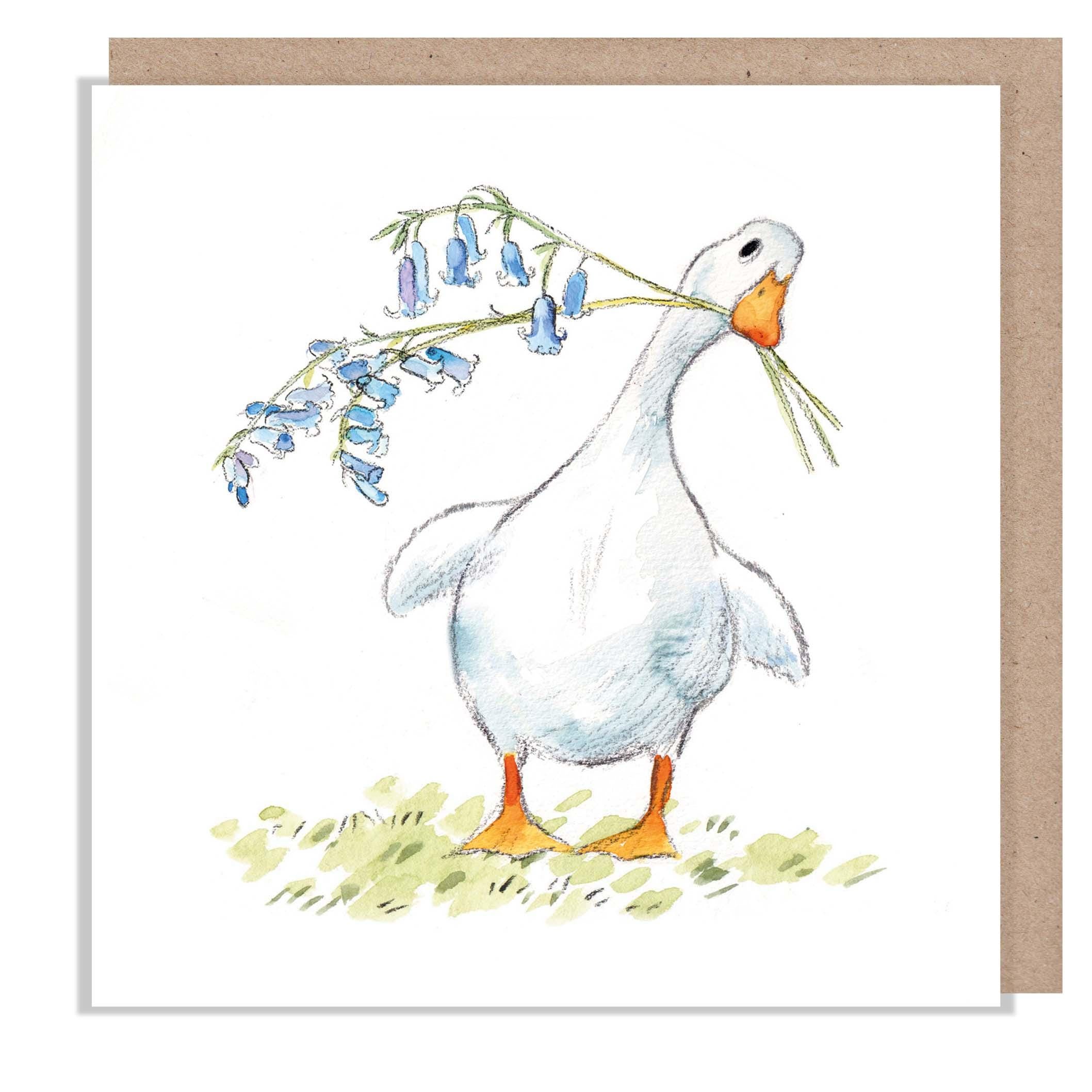Blank Card - White Duck with Bluebells