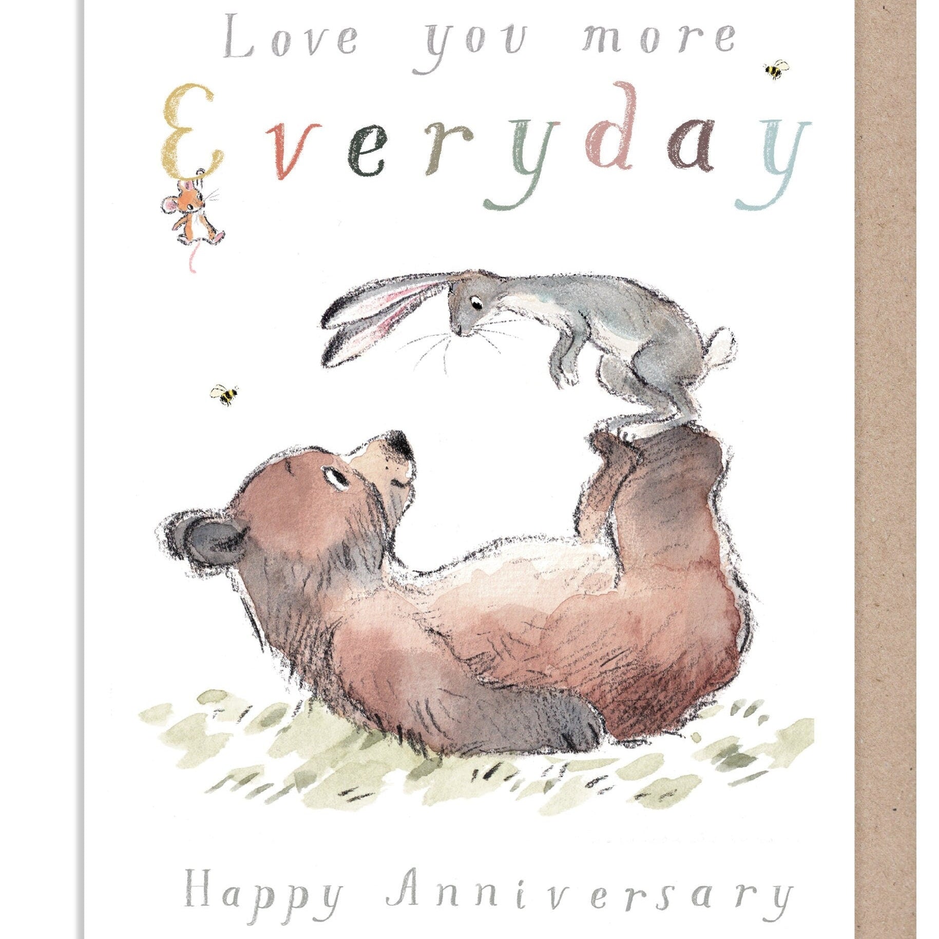 Anniversary Card - Love You More Everyday - Hare on Bears Feet