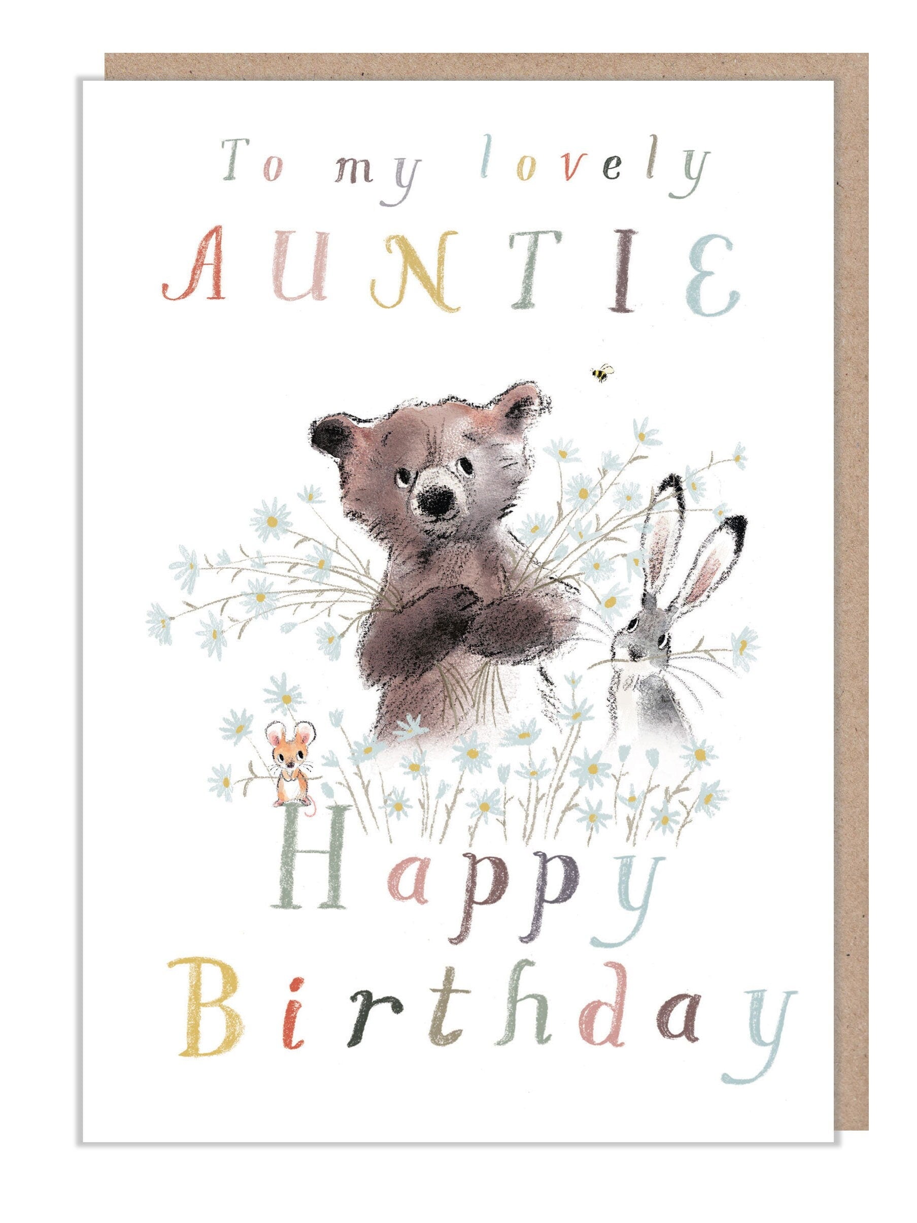 Auntie Birthday Card - Bear Hare and Mouse with Flowers