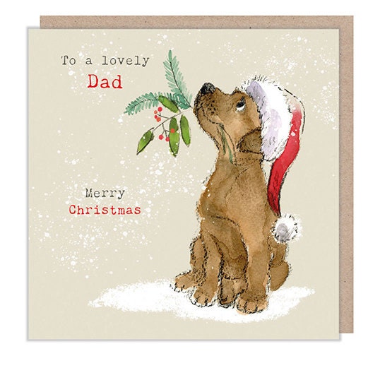 Christmas Card - Brown Puppy Wearing Hat with Foliage in It's Mouth. to a Lovely Dad