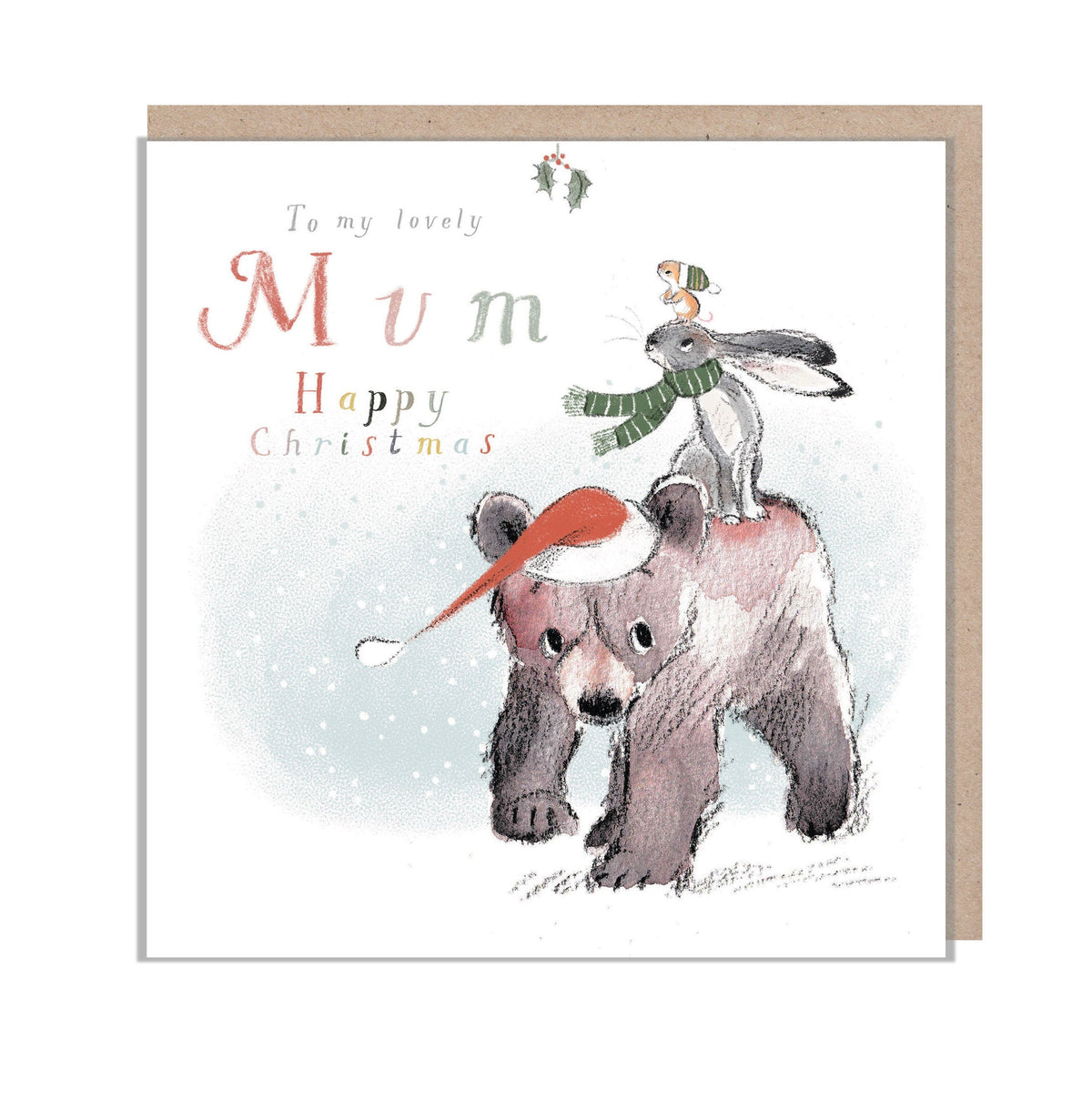 Christmas Card - to My Lovely Mum - Hare and Mouse on Bear's Back.