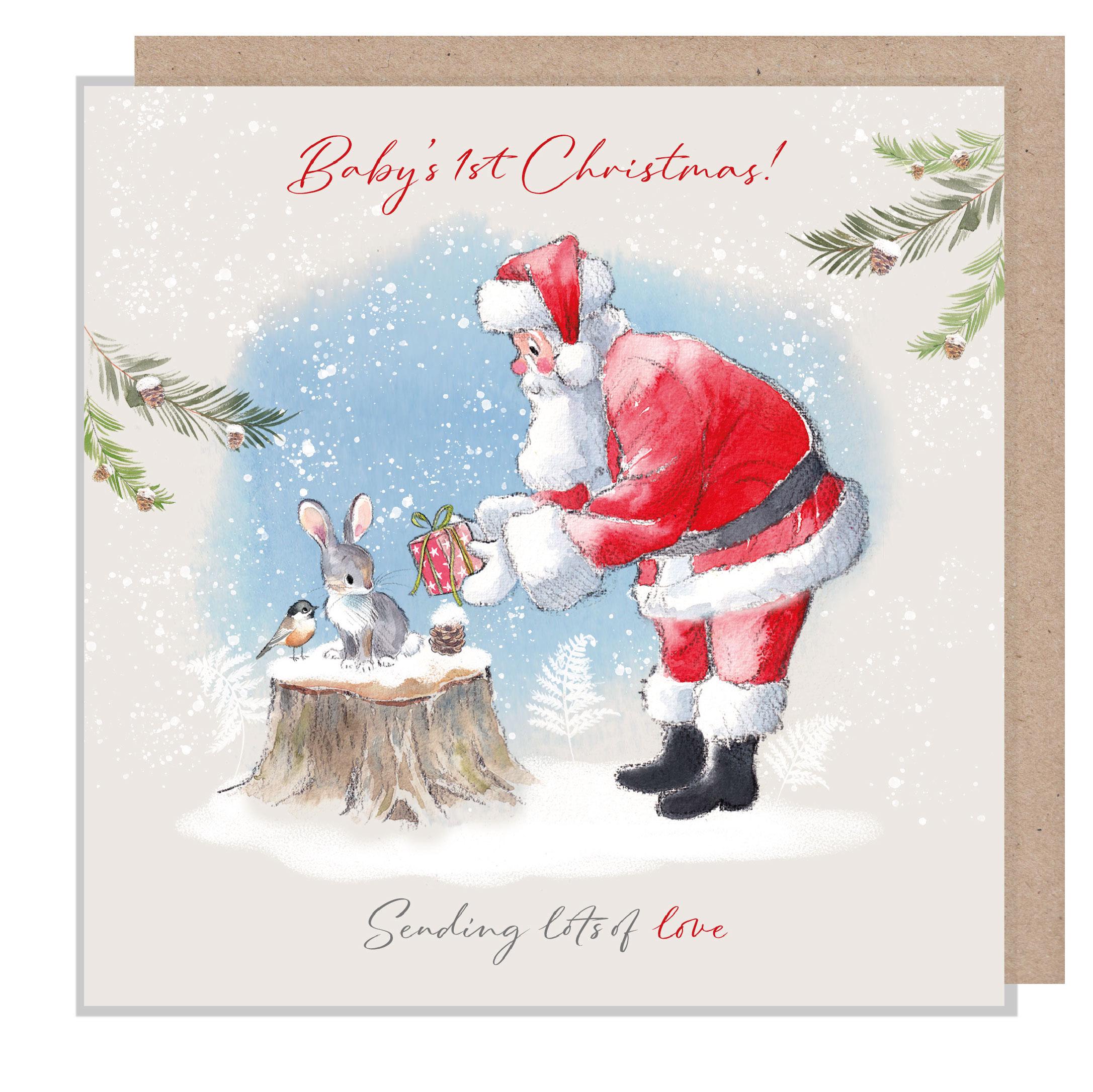 Baby's Ist Christmas Card - Santa with Rabbit and Bird