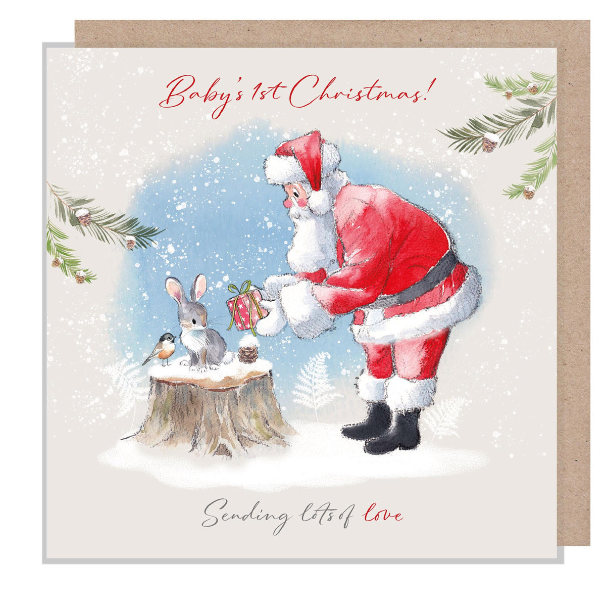 Baby's Ist Christmas Card - Santa with Rabbit and Bird