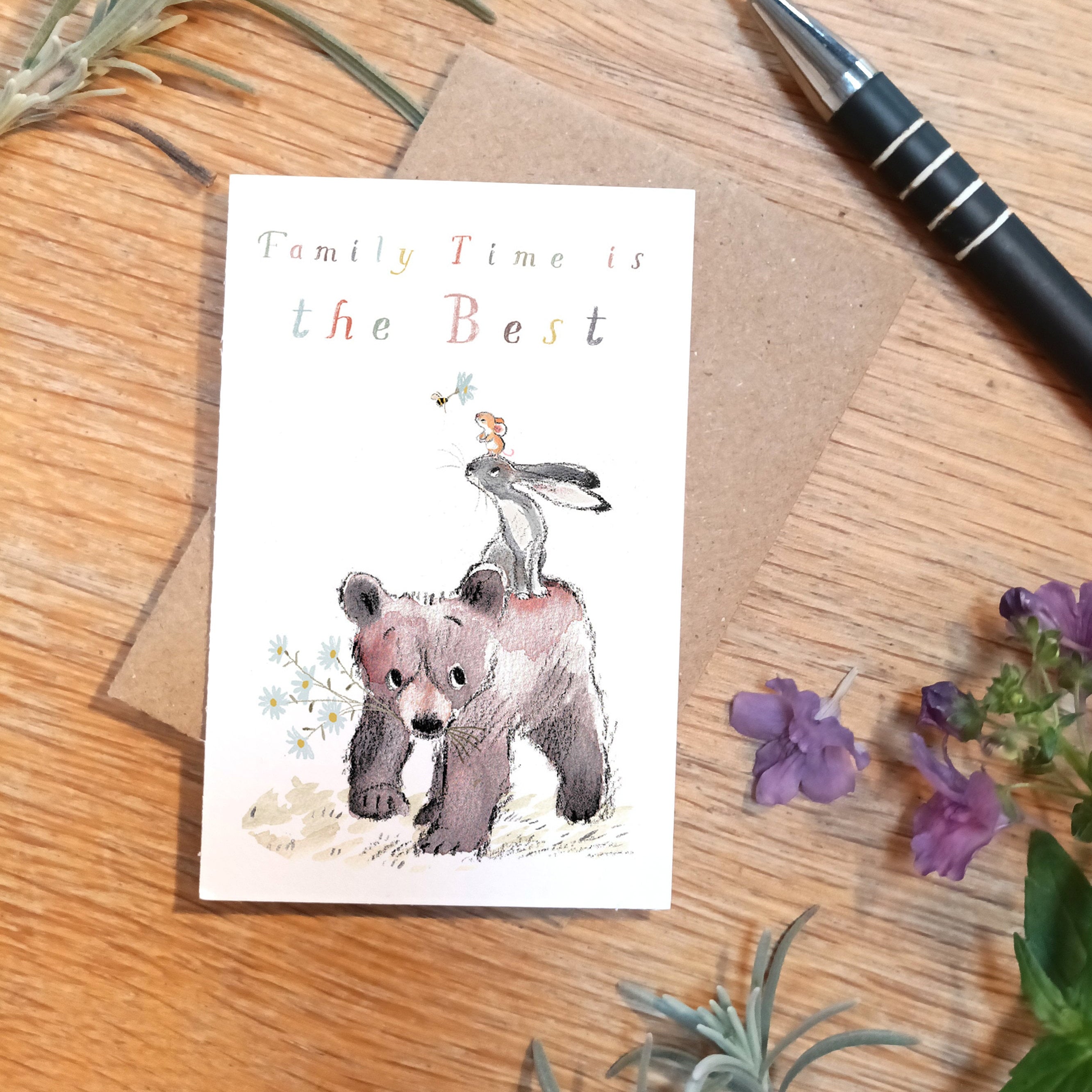 Sentiment Card - Family Time Is the Best - Bear, Hare, Mouse, Bee and Flowers