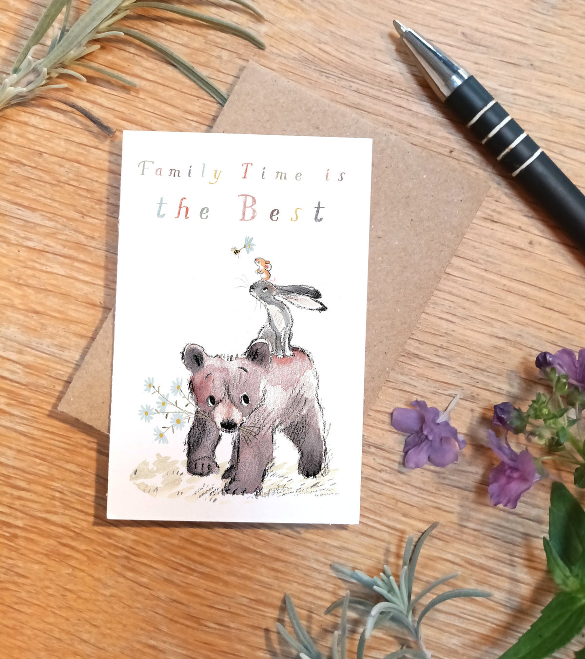 Sentiment Card - Family Time Is the Best - Bear, Hare, Mouse, Bee and Flowers