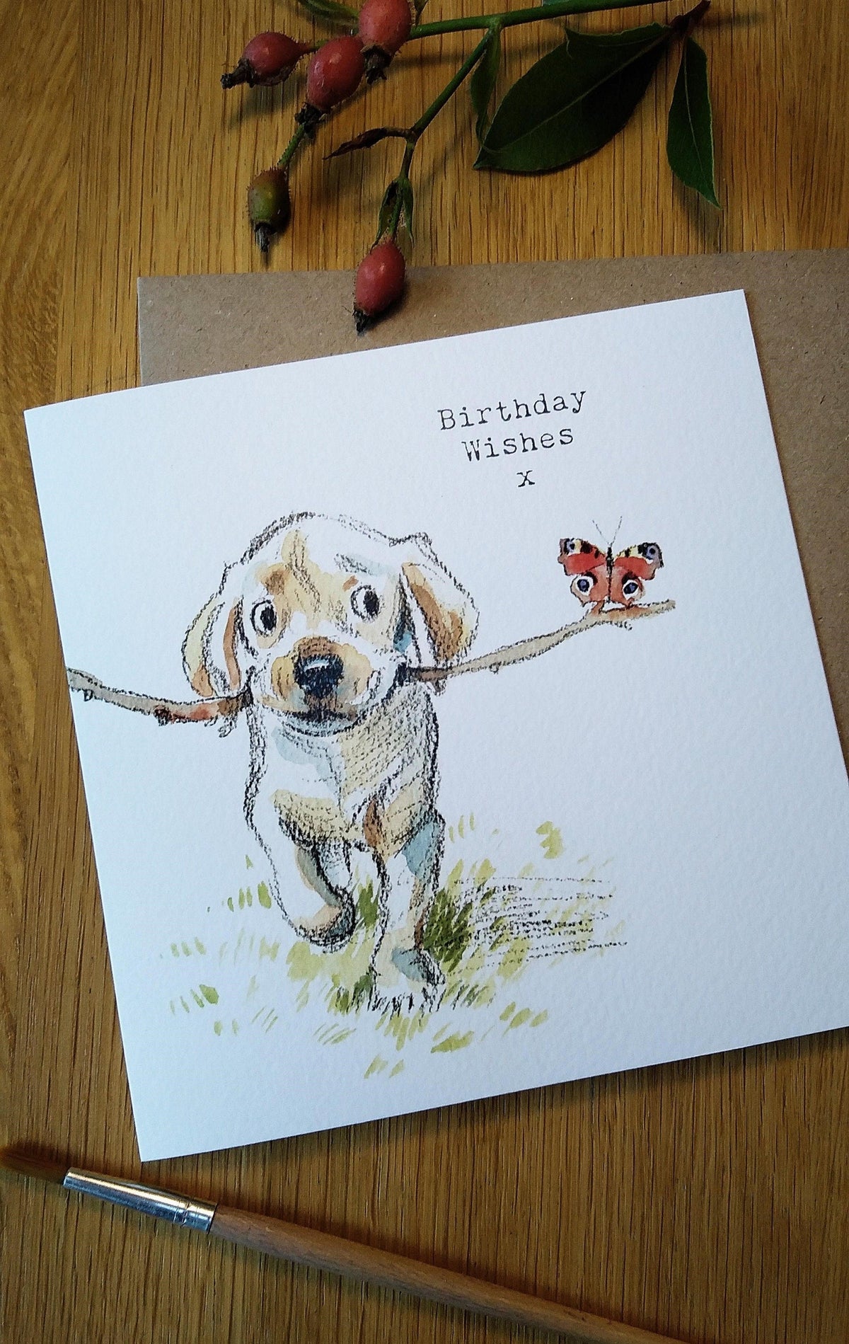 Cute Birthday Card - Labrador with Stick and Butterfly
