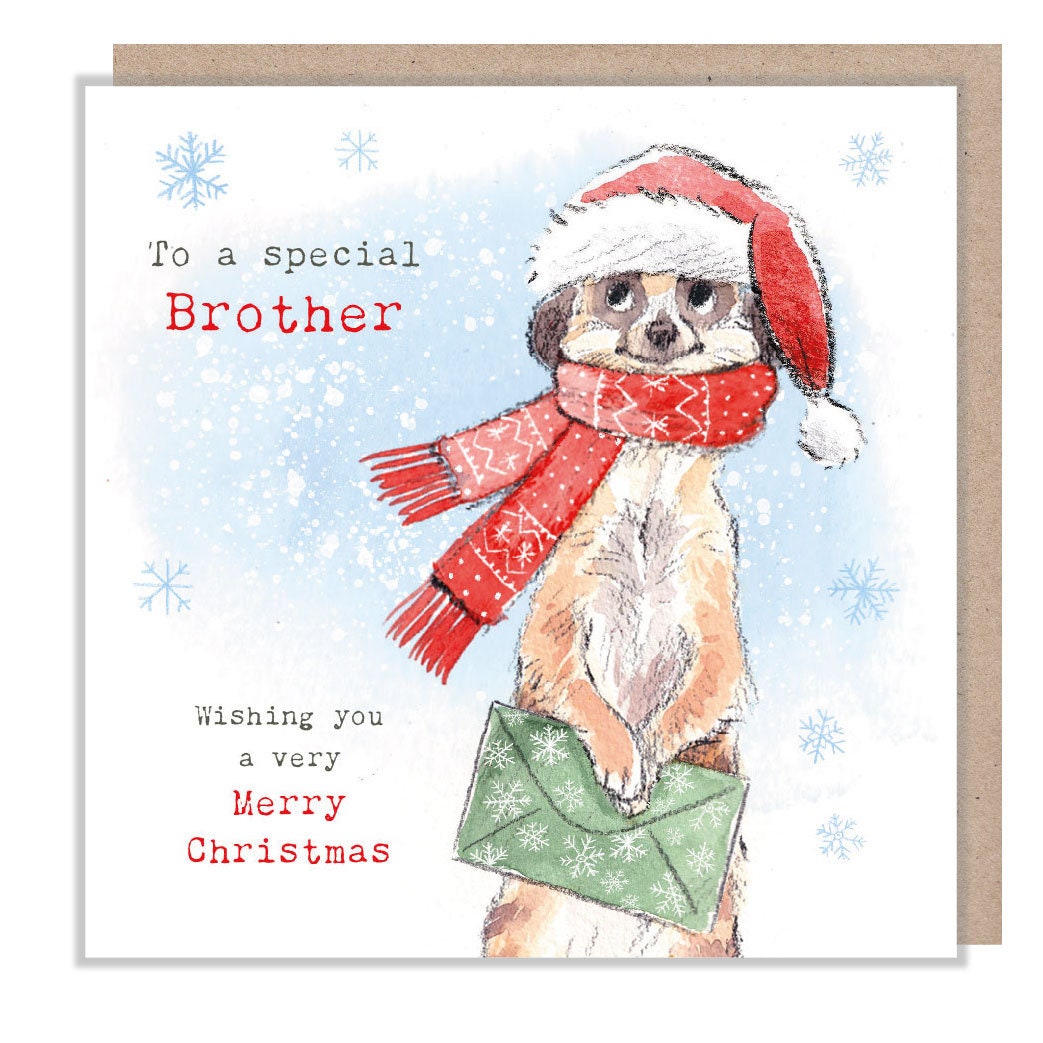 Christmas Card - Meerkat Wearing Hat and Scarf - Holding Envelope. to a Special Brother