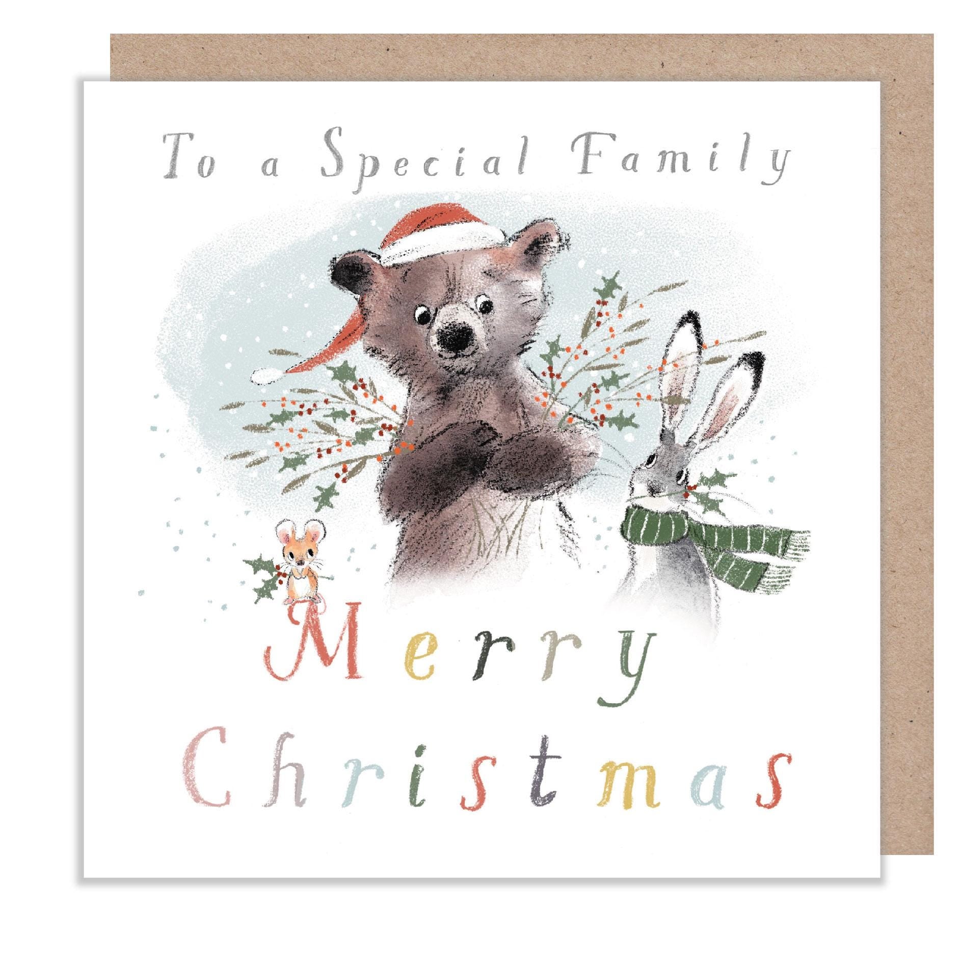 To a Special Family Christmas Card - Bear, Hare and Mouse with Foliage.