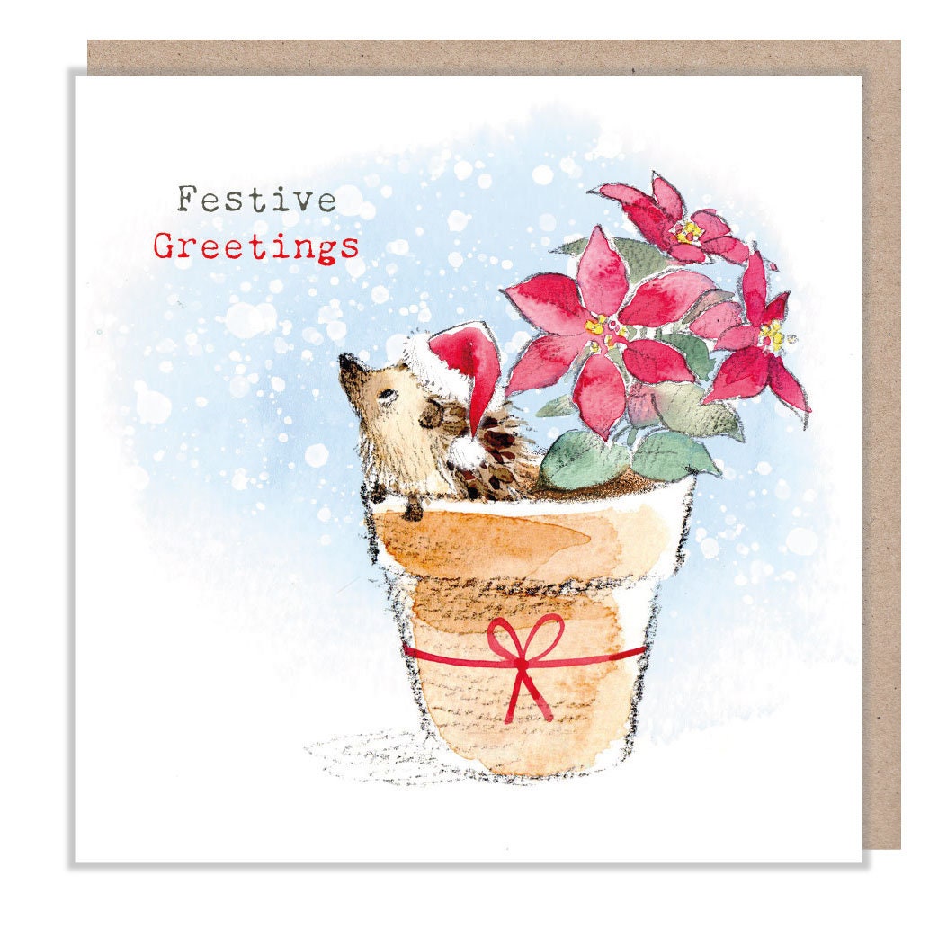 Christmas Card - Hedgehog, Wearing Hat - in Flowerpot with Red Poinsettia Flowers. Festive Greetings
