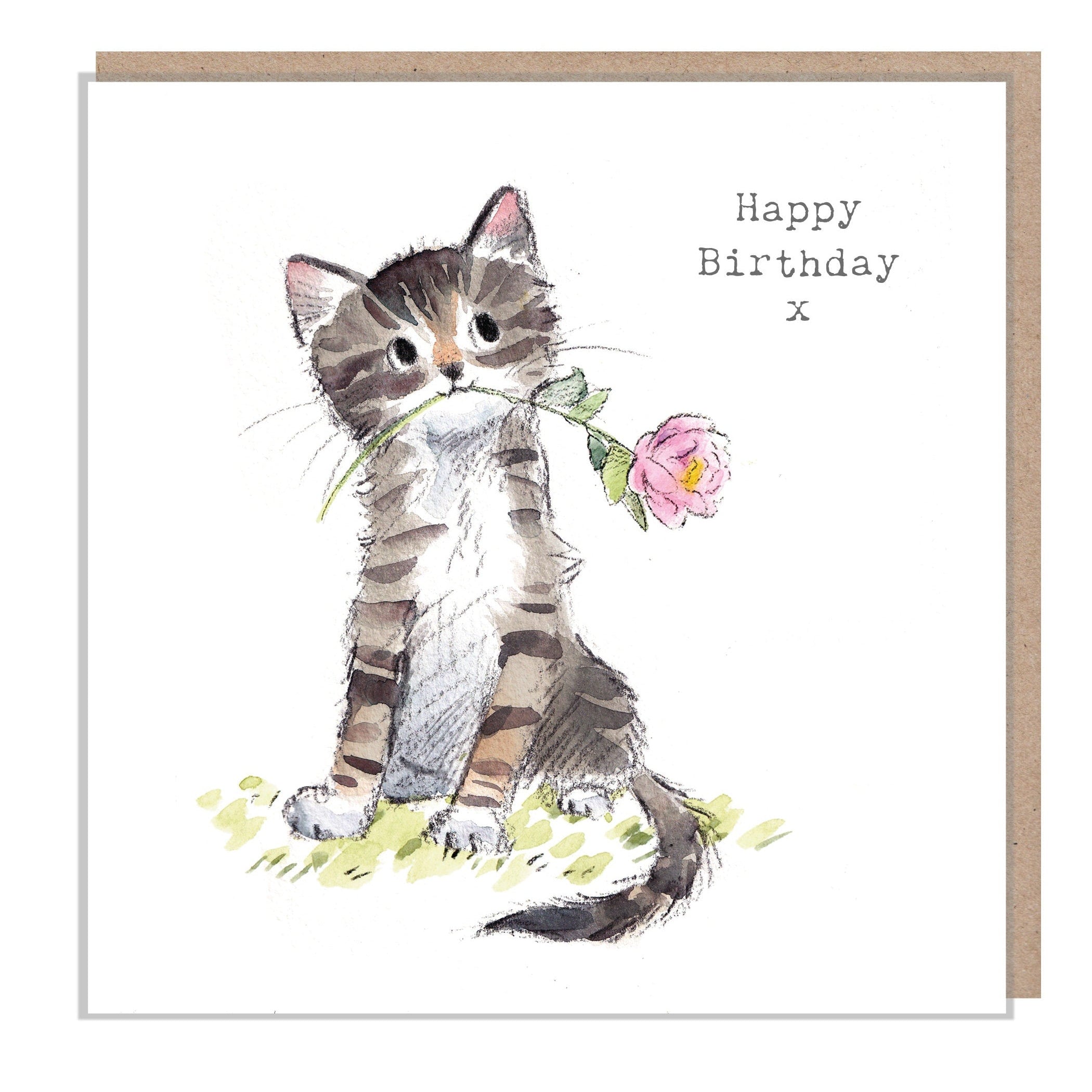 Cute Cat Birthday Card - Tabby with Flower