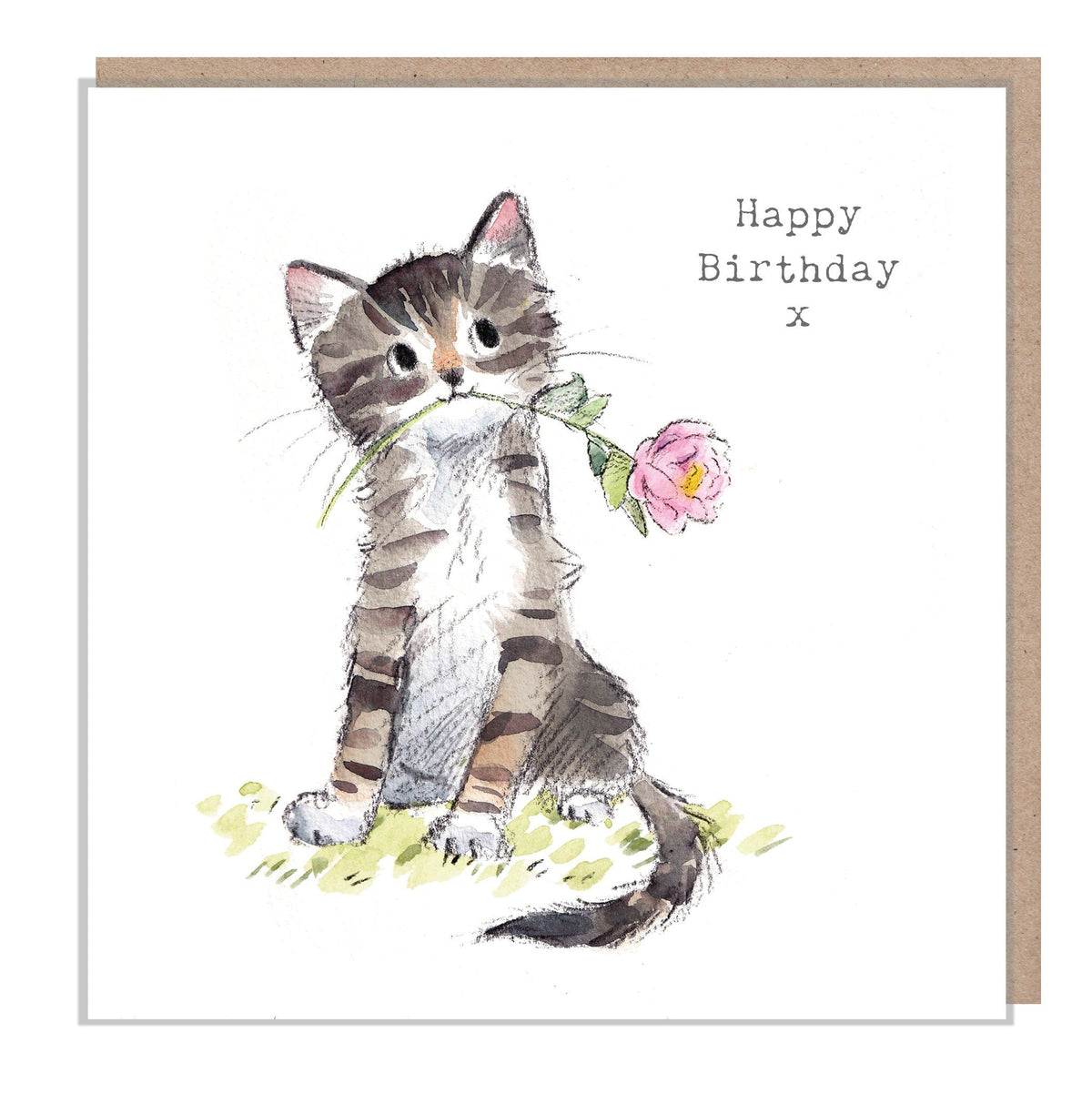 Cute Cat Birthday Card - Tabby with Flower