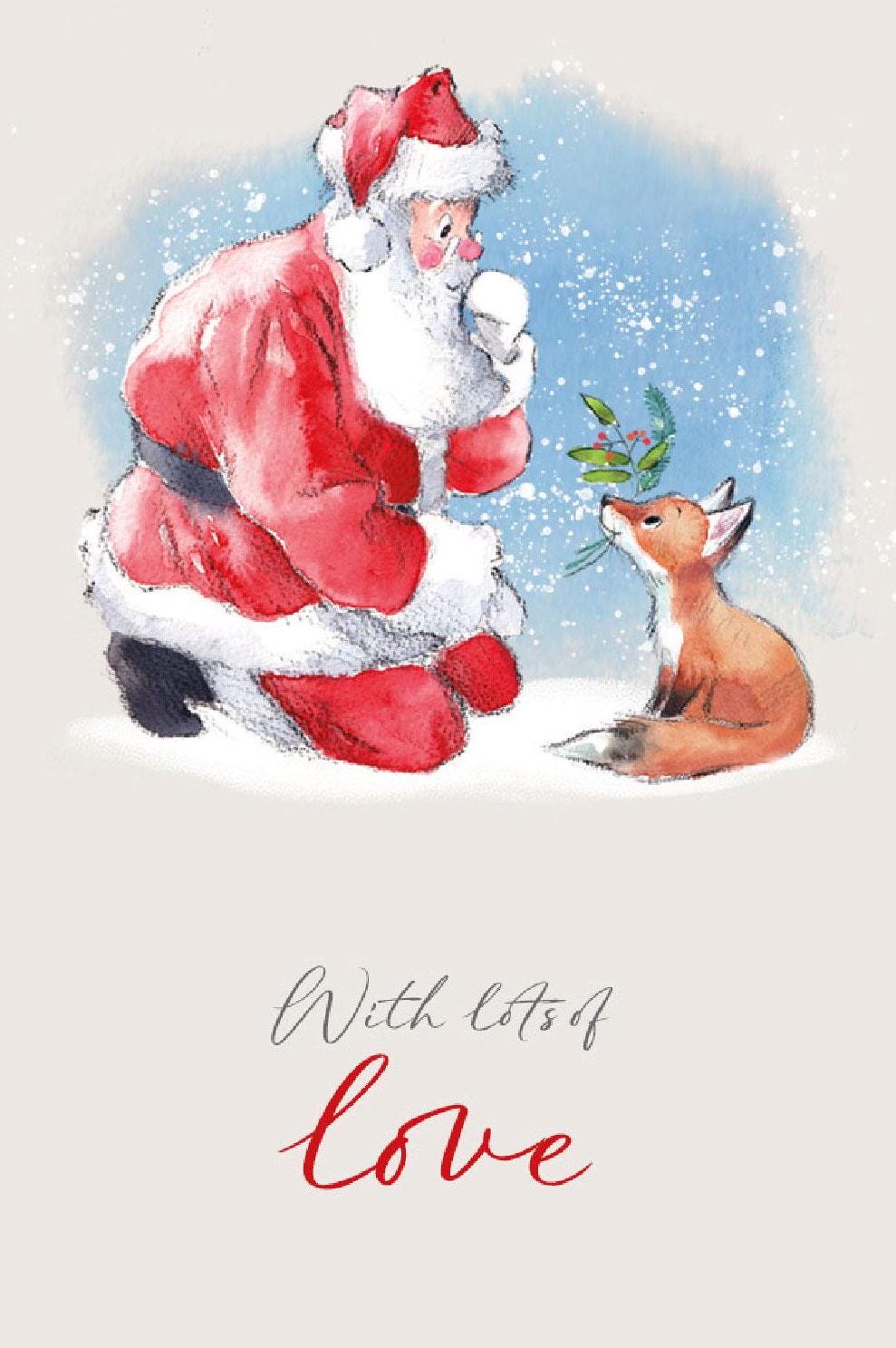 Christmas Gift Card - with Lots Of Love - Santa with Fox Cub