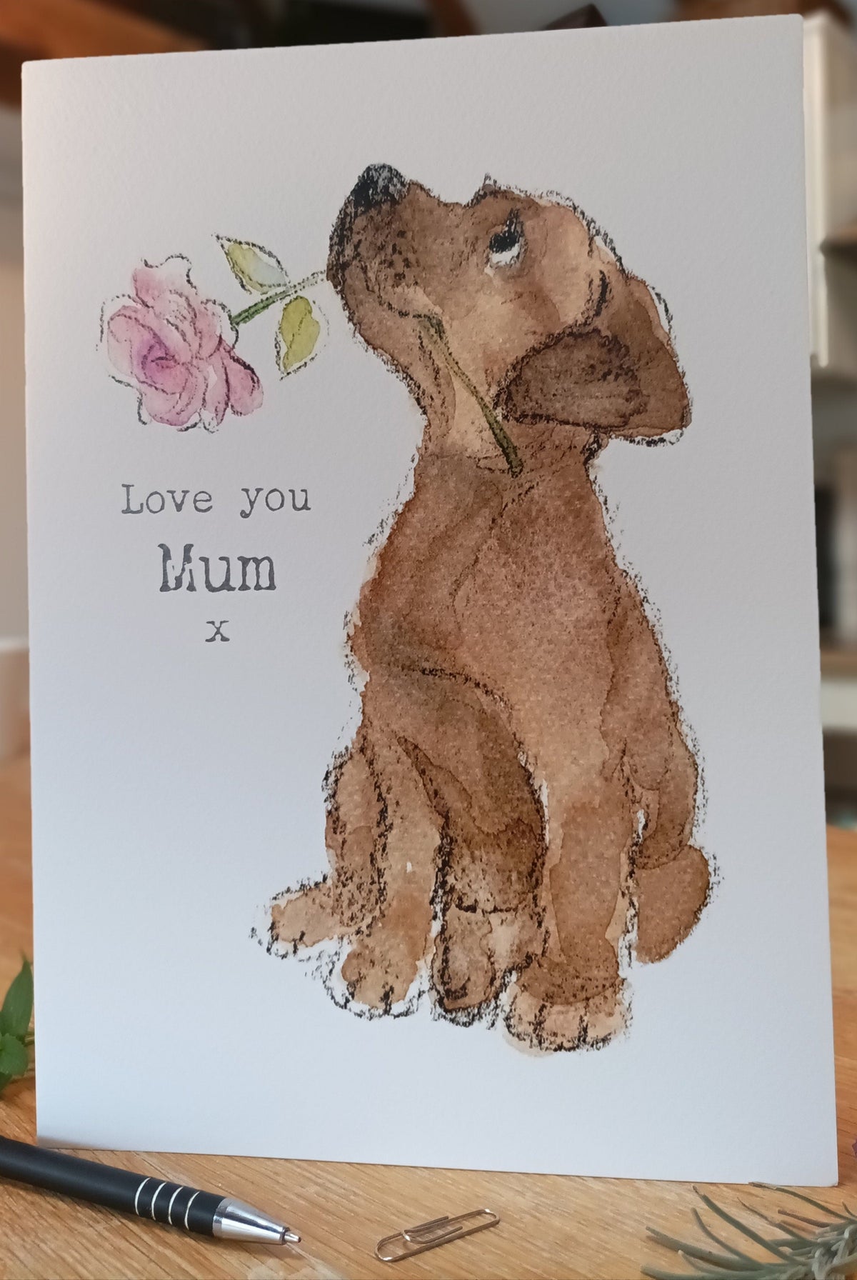 Greeting Card - Love You Mum x - Brown Puppy with Pink Flower