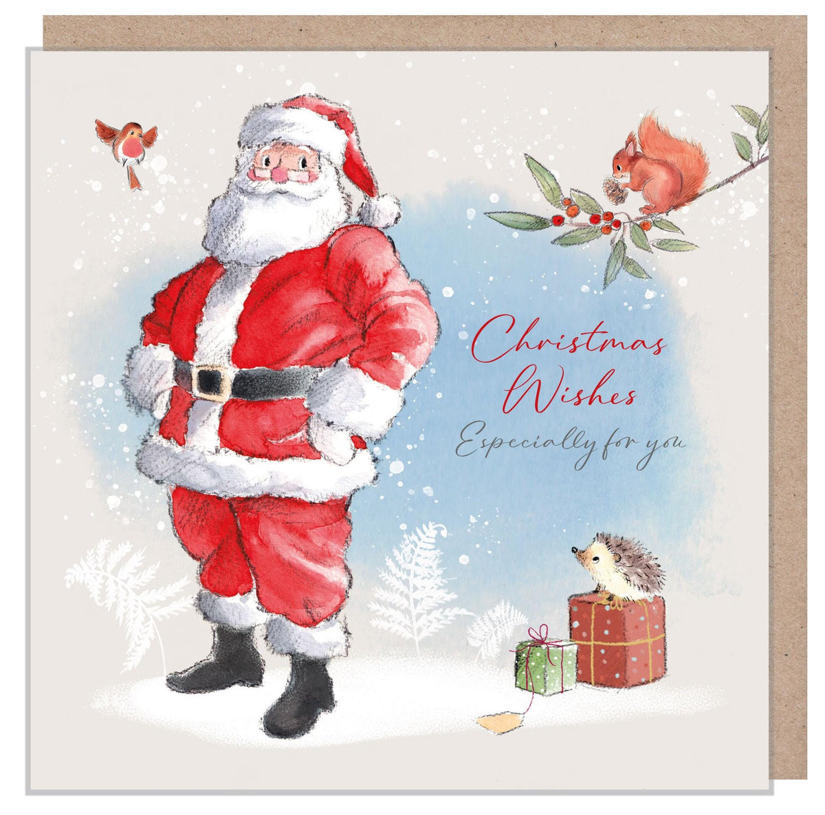 Christmas Card - Santa with Squirrel on Branch - Christmas Wishes