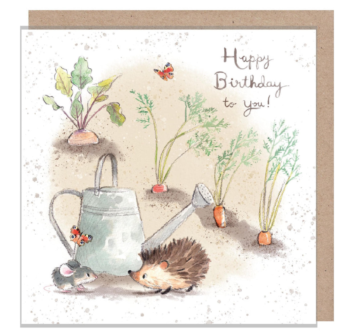 Happy Birthday Card - Hedgehog, Mouse with Watering Can on Veg Patch